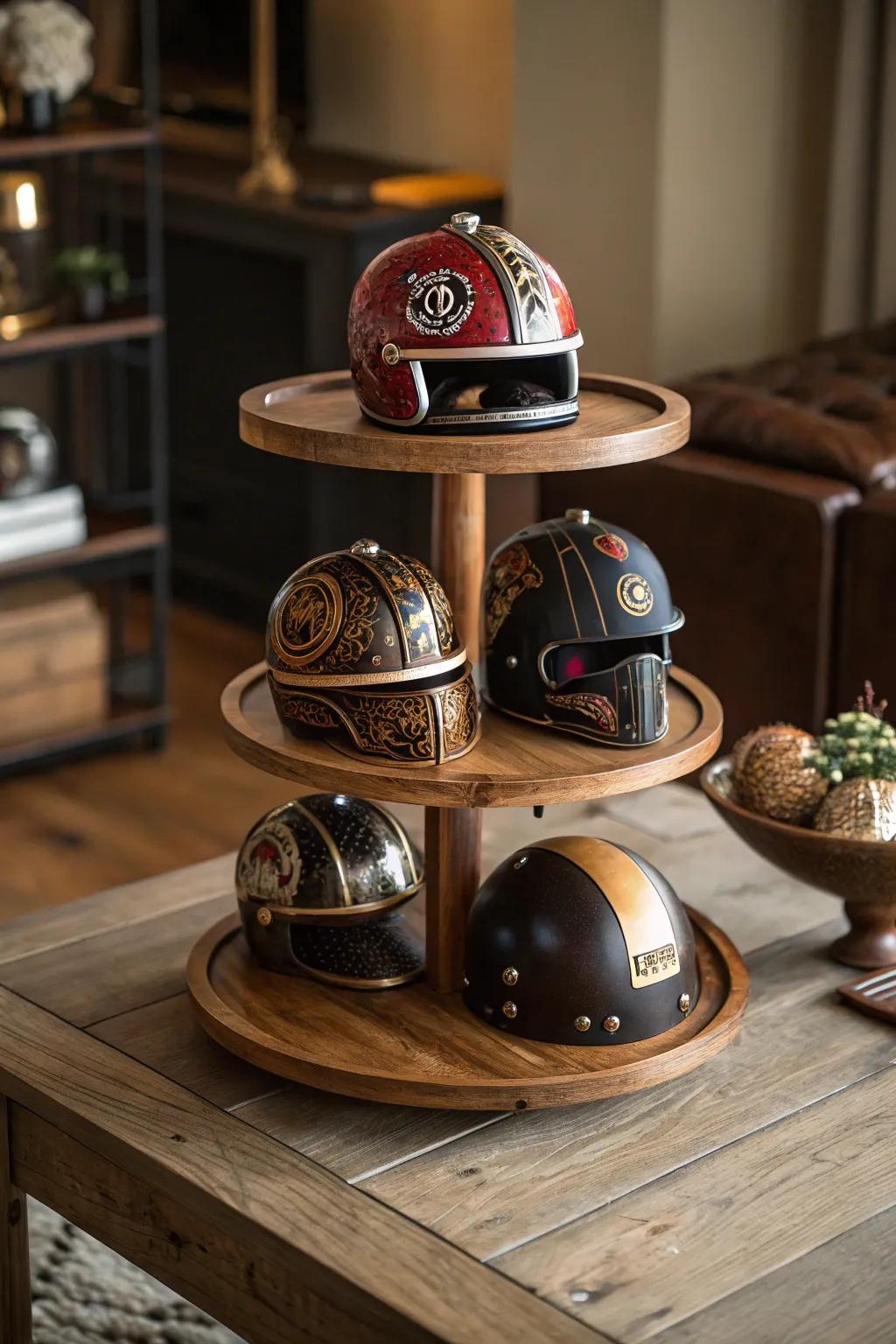 Elevate your collection: A sophisticated tiered tray display for mini helmets, perfect for the discerning collector.
