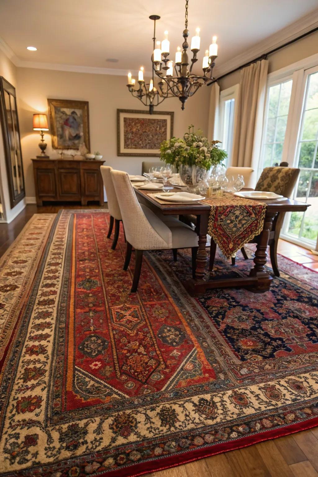 Layered floor coverings introduce depth and dimension.