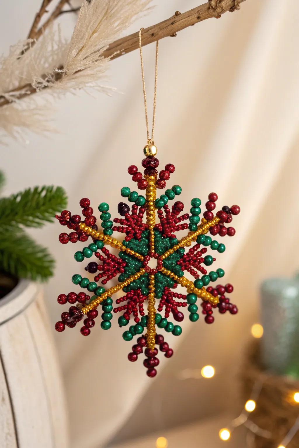 Add a touch of handcrafted elegance to your holiday decor with vibrant bead snowflakes.