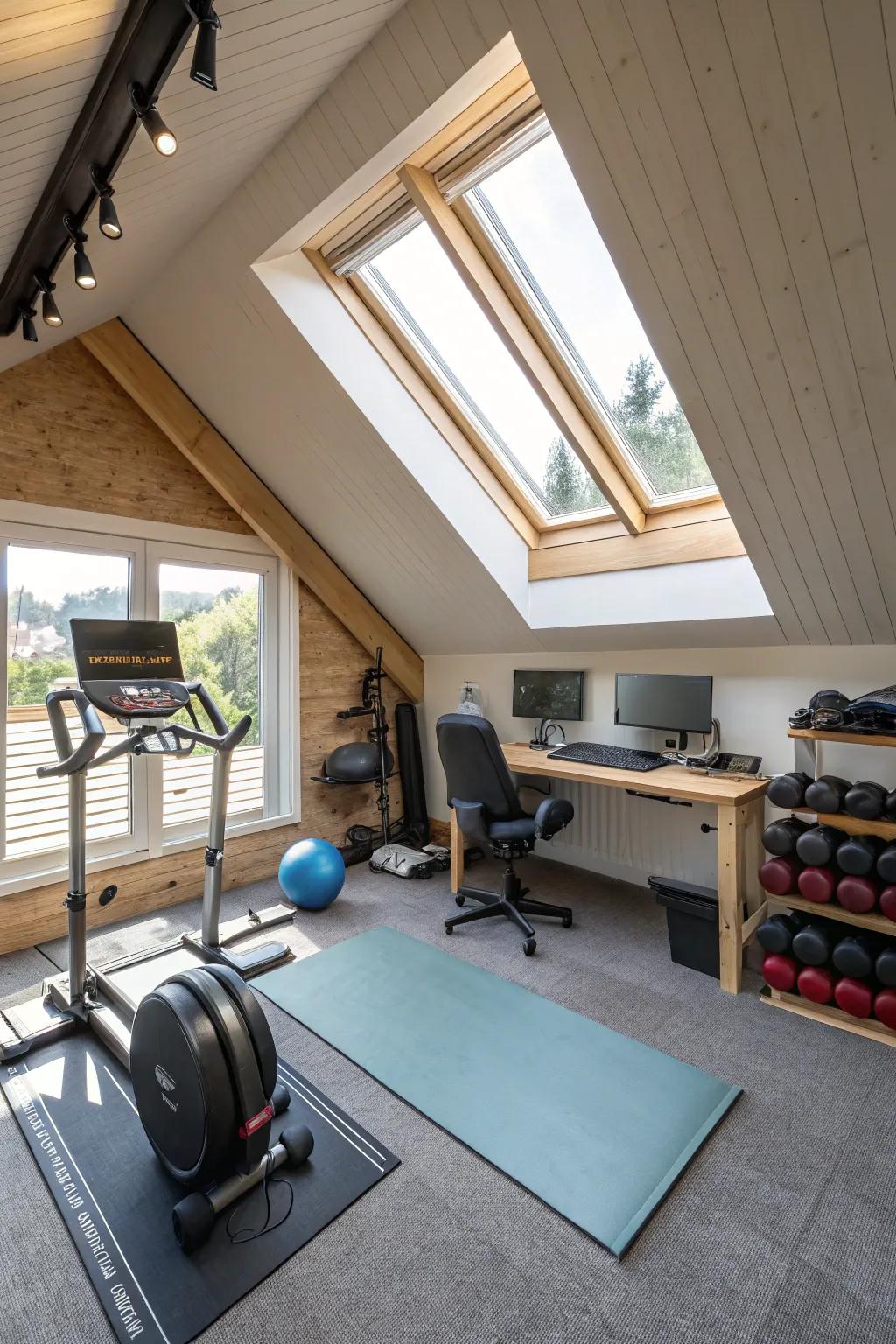 An attic turned into a versatile office and fitness space.