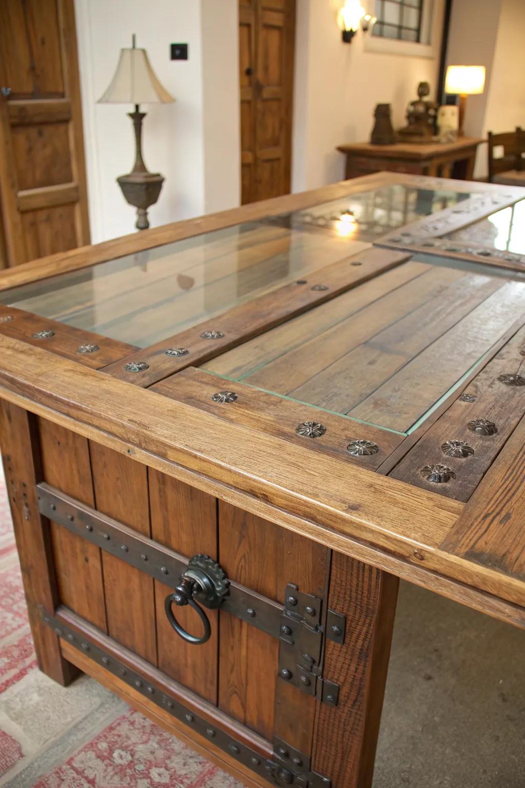 Transform rustic appeal into modern sophistication using a glass-topped door table.