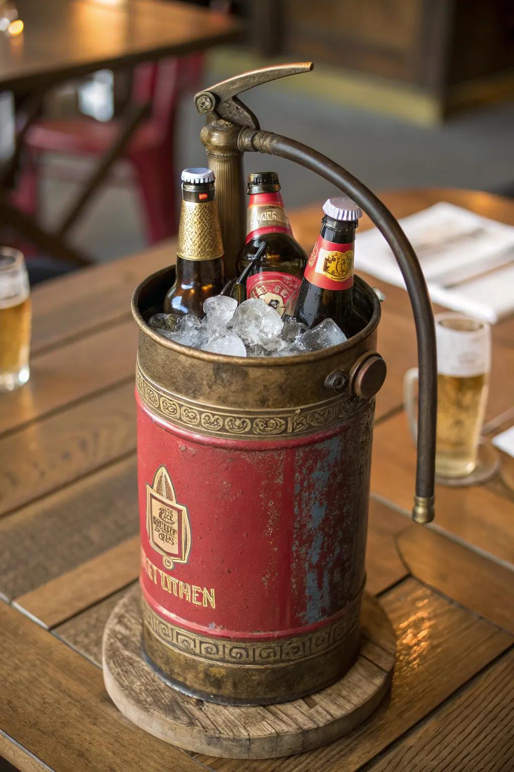 Transform old into bold: a vintage fire extinguisher turned quirky beverage cooler for your next gathering.