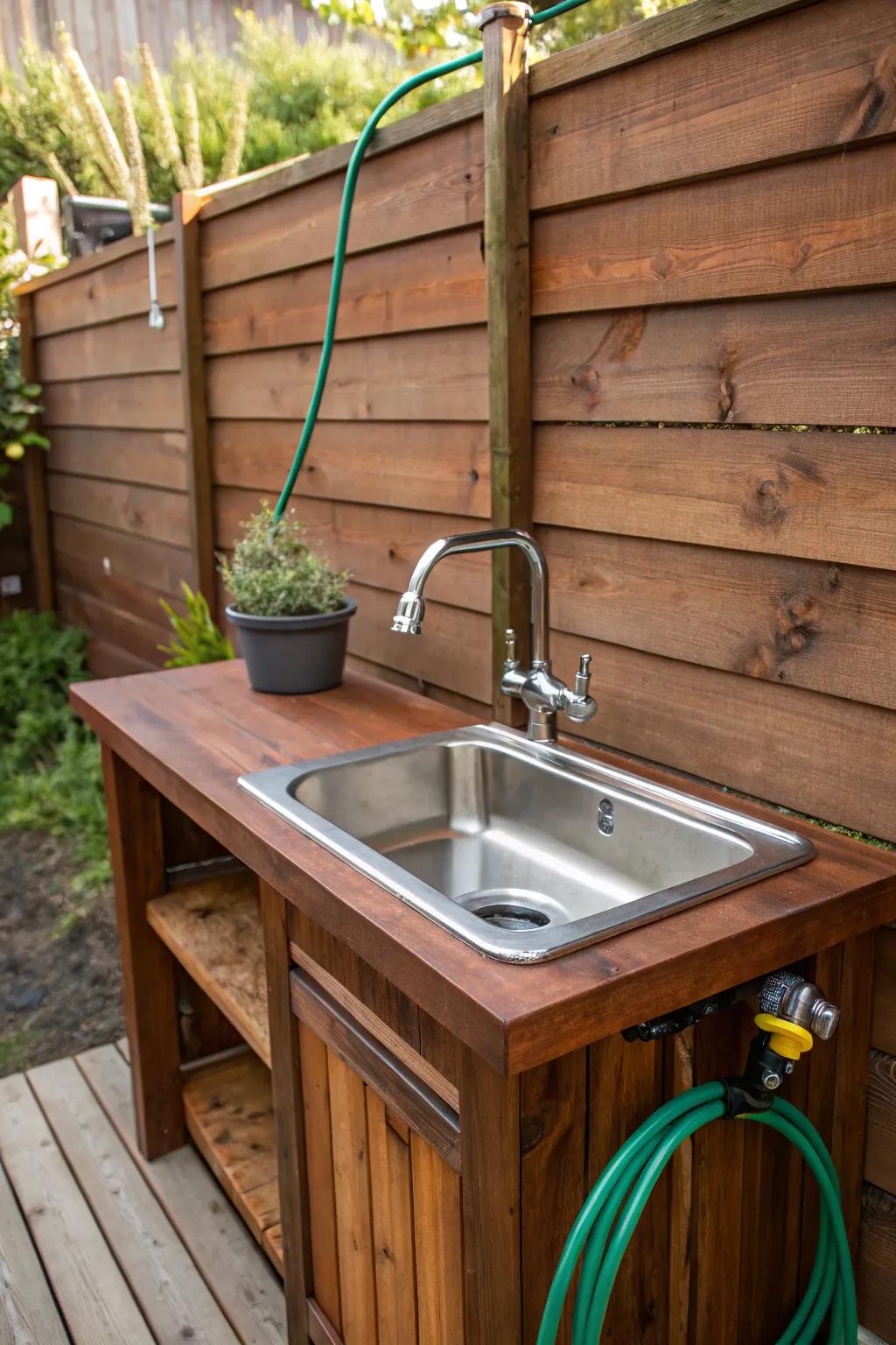 Enhance your outdoor cooking experience with this skillfully designed sink area, which blends modern functionality with rustic appeal.