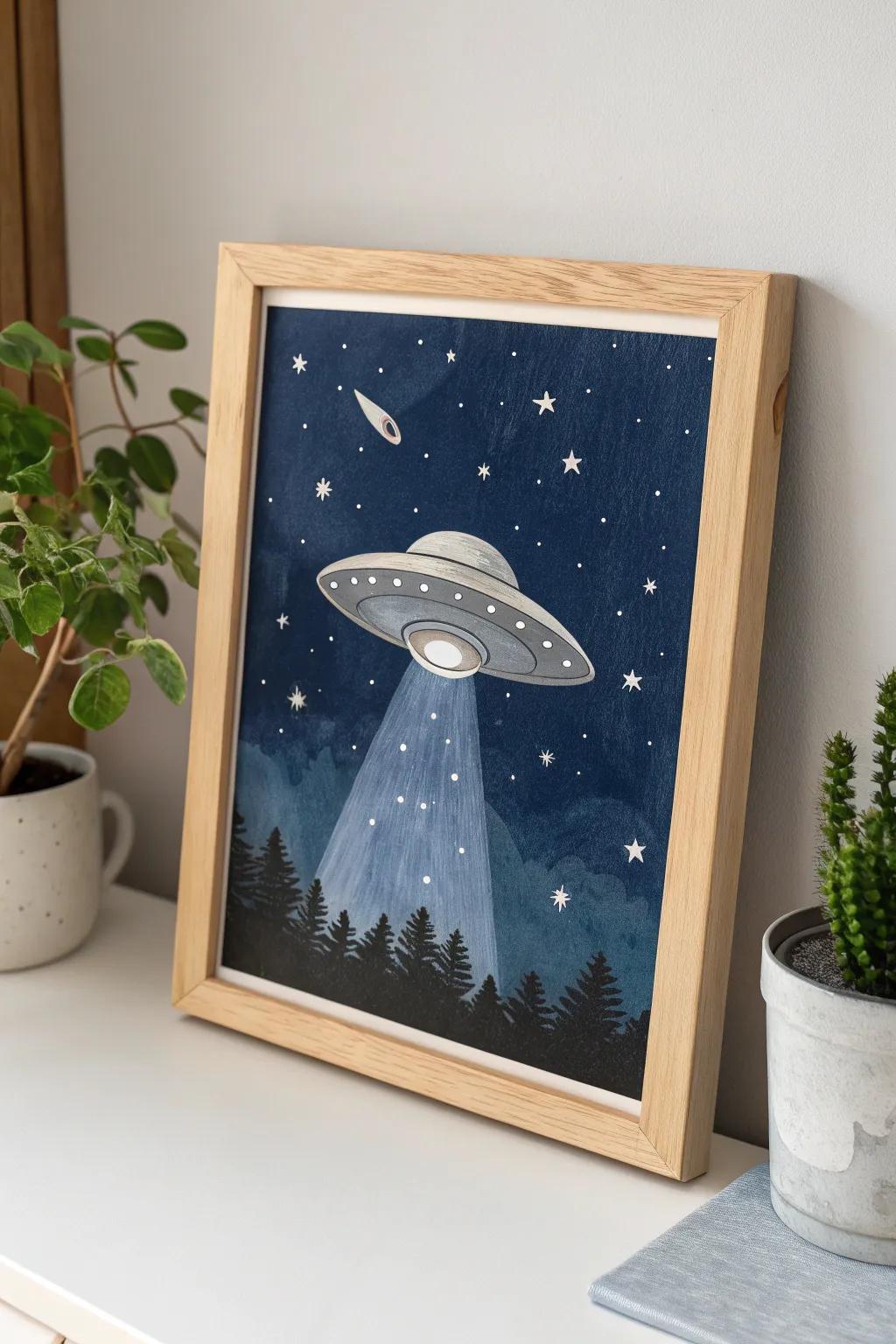 Reveal the enigma of the cosmos through this minimalist alien craft artwork, where Scandinavian simplicity encounters celestial wonder.