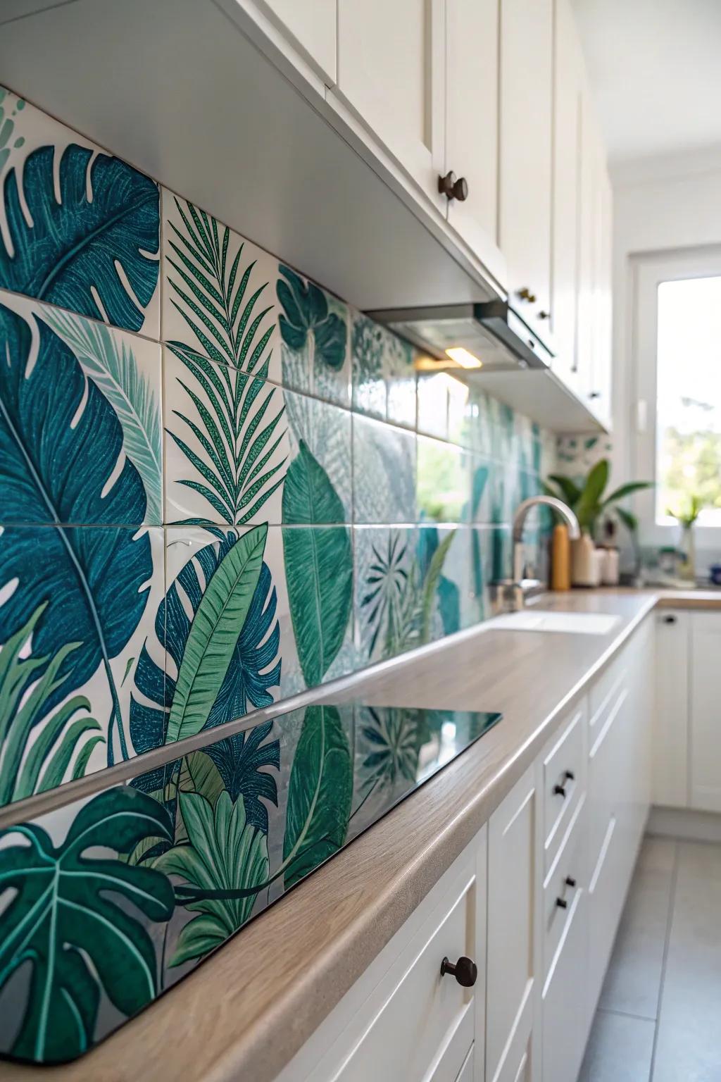 Incorporate an impression of an equatorial oasis to your culinary space via this vibrant coated backsplash composition.