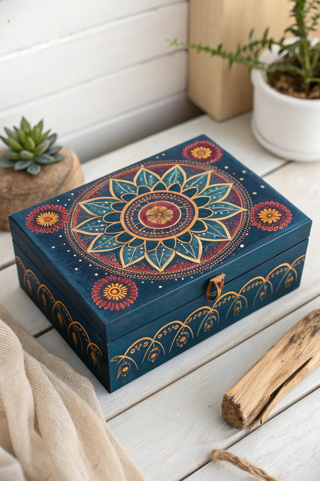 Embrace tranquility with a storage box that captures the art of mandalas, blending Scandinavian minimalism with Boho charm.
