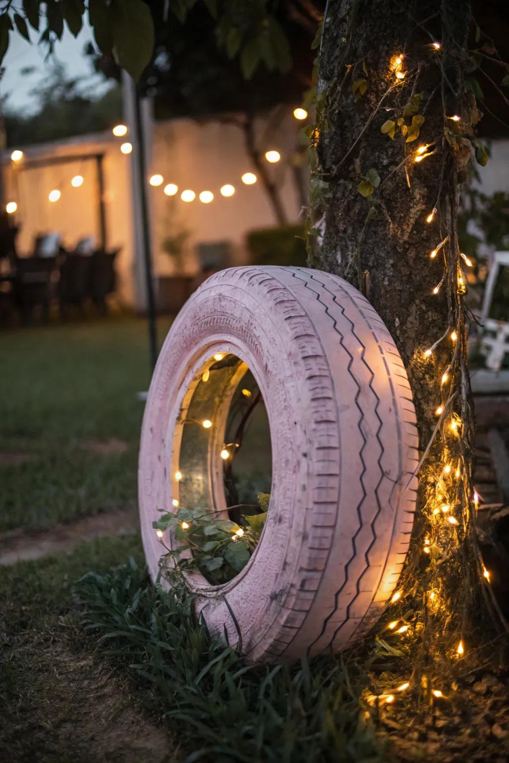 Illuminate your garden with handcrafted charm: a glowing tire globe for serene evenings.