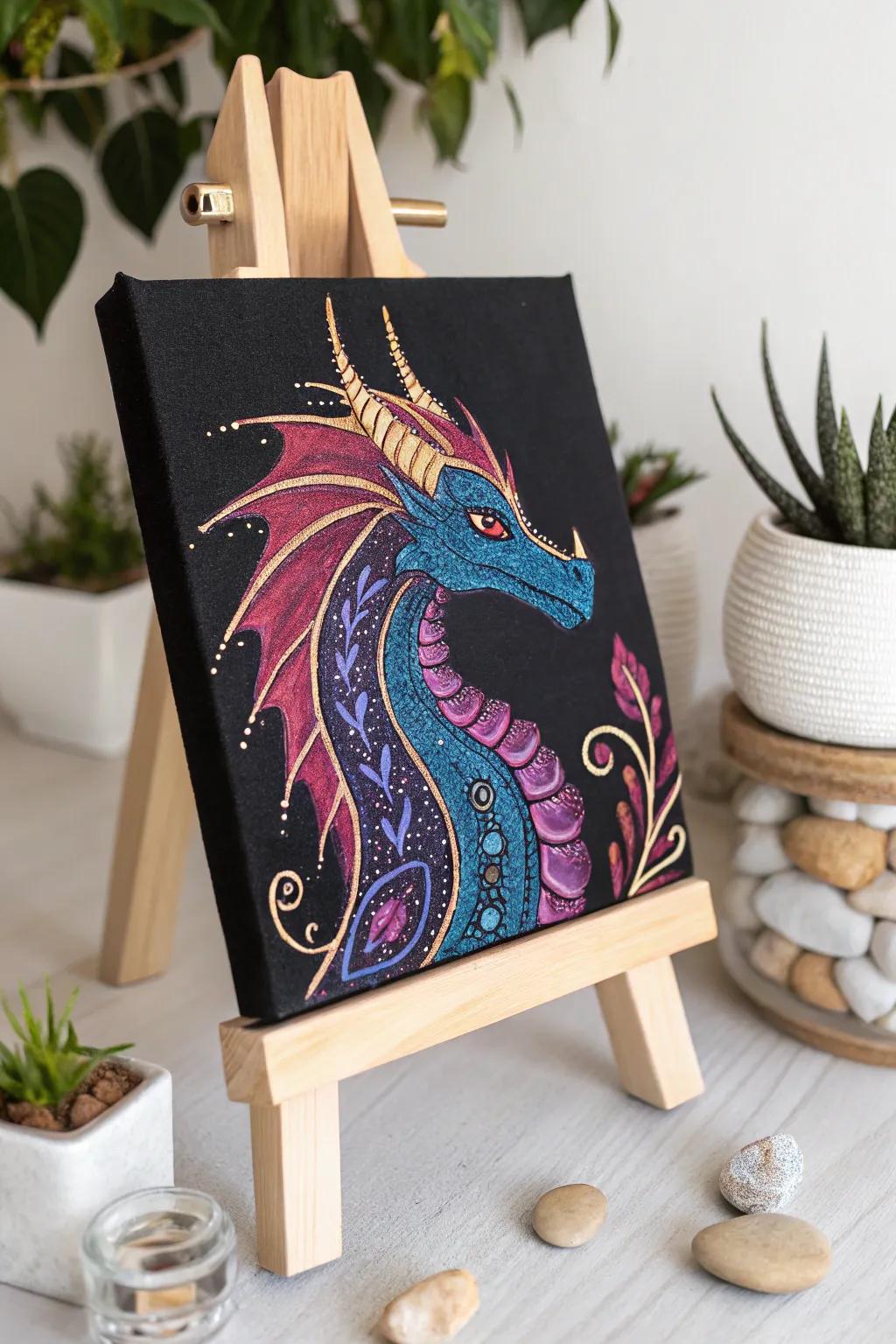Unleash your ingenuity through a mystical dragon depiction upon black canvas. Embrace the enchantment of audacious shades and minimalist splendor.