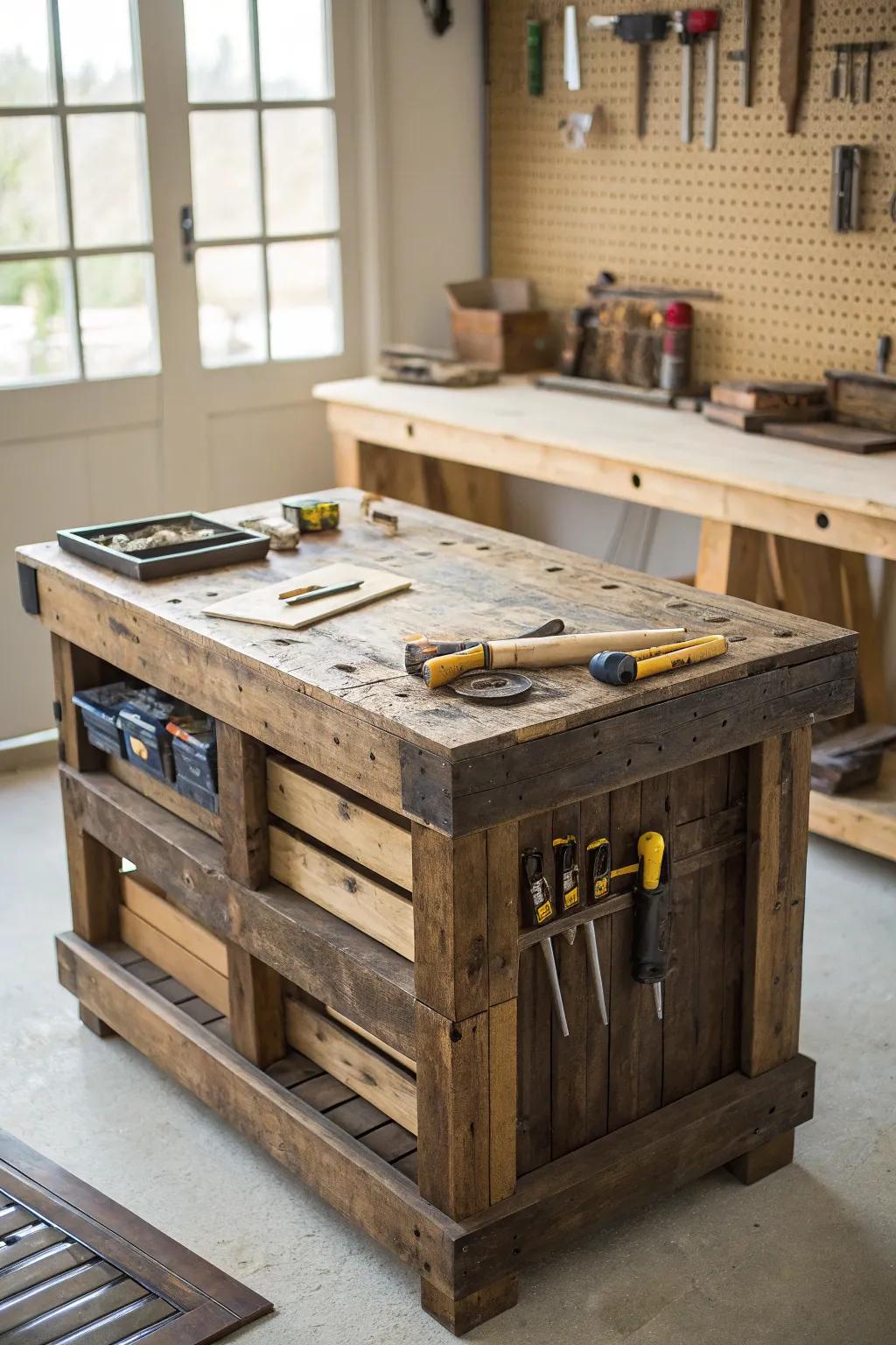 Elevate your endeavors utilizing this awe-inspiring reclaimed pallet workstation—a convergence of ingenuity and craftsmanship!