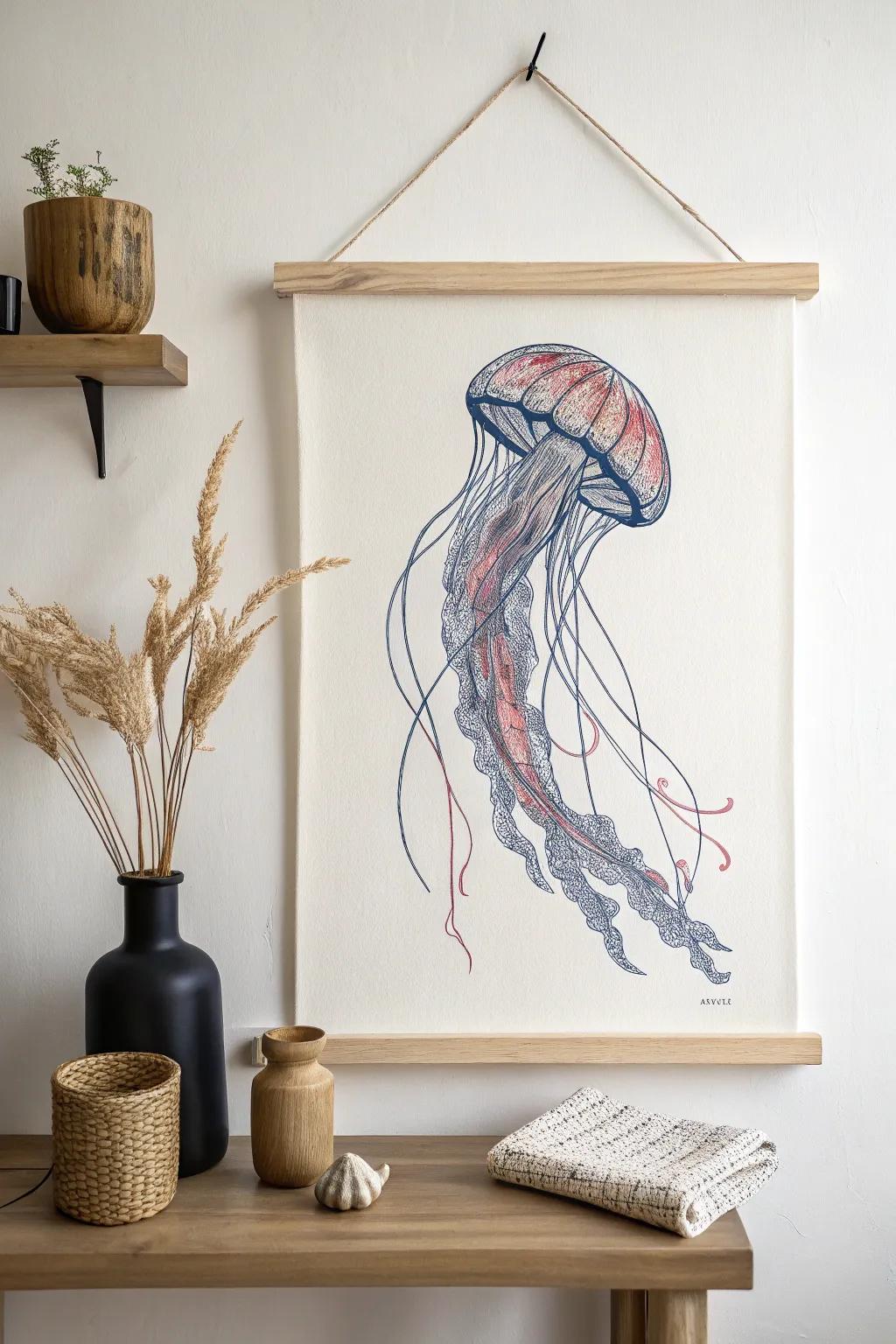 Uncover the allure of the ocean depths through this exquisite pen depiction of a jellyfish, a captivating fusion of simplicity and vibrant tonality.