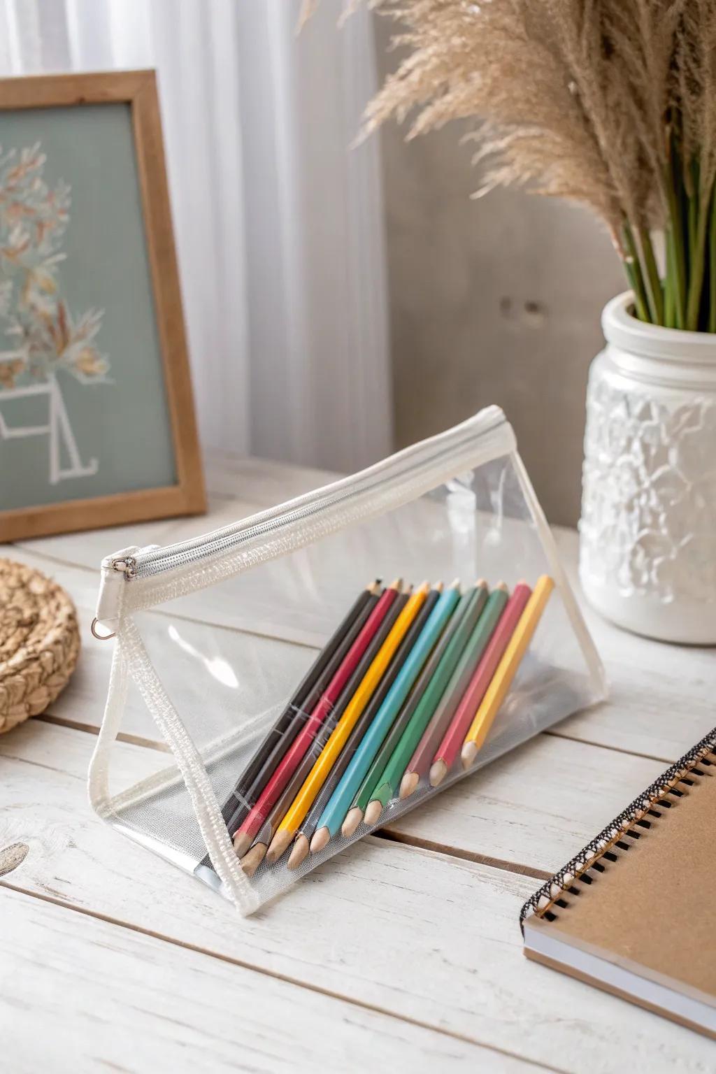 Embrace lucidity with this refined, minimalist pencil holder, stylishly showcasing your vibrant implements.