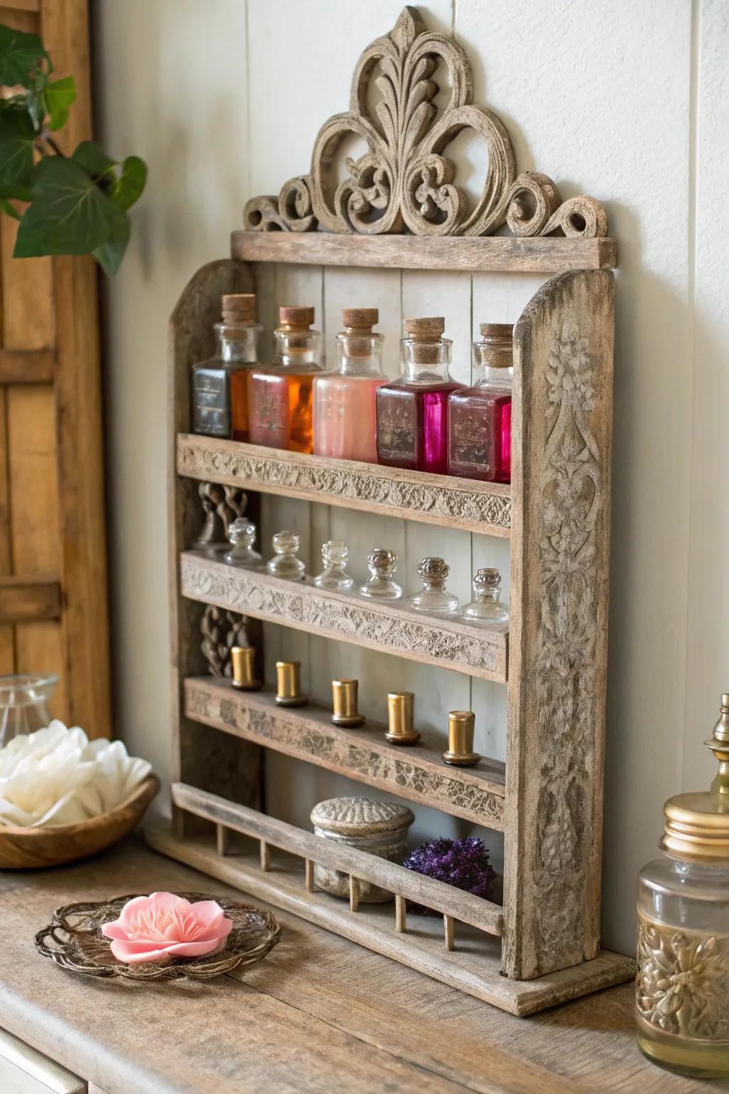 Transform your classic herb stand into a charming perfume display, merging rustic elegance with modern simplicity.