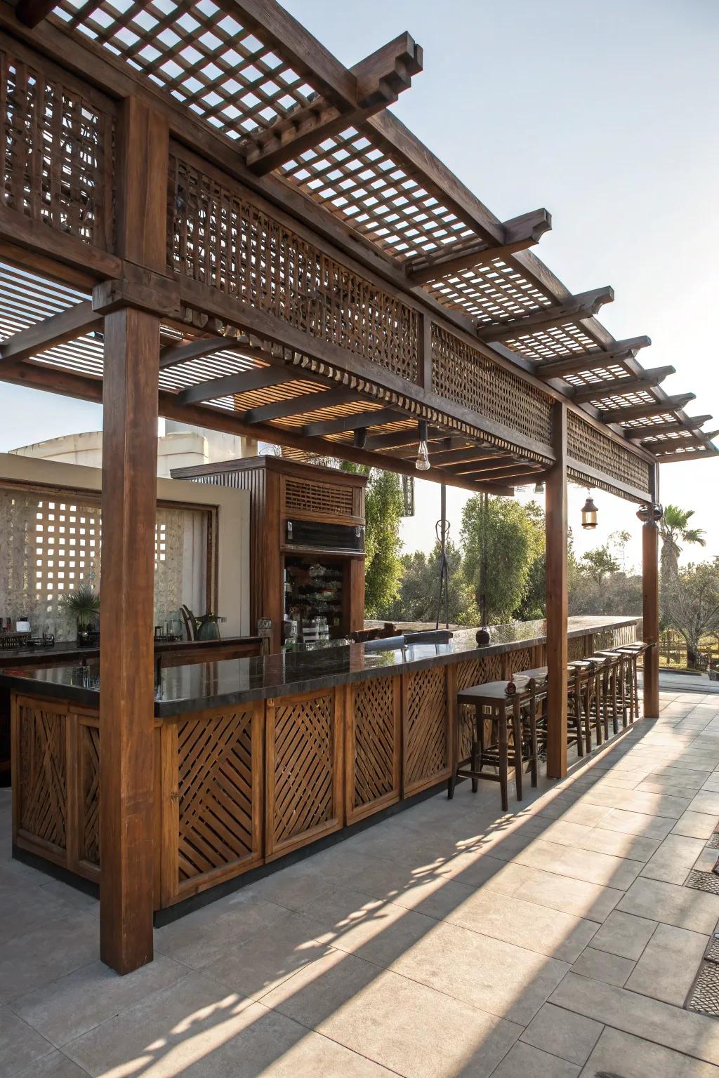 Stay cool and stylish with handcrafted adjustable awnings for your pergola bar.