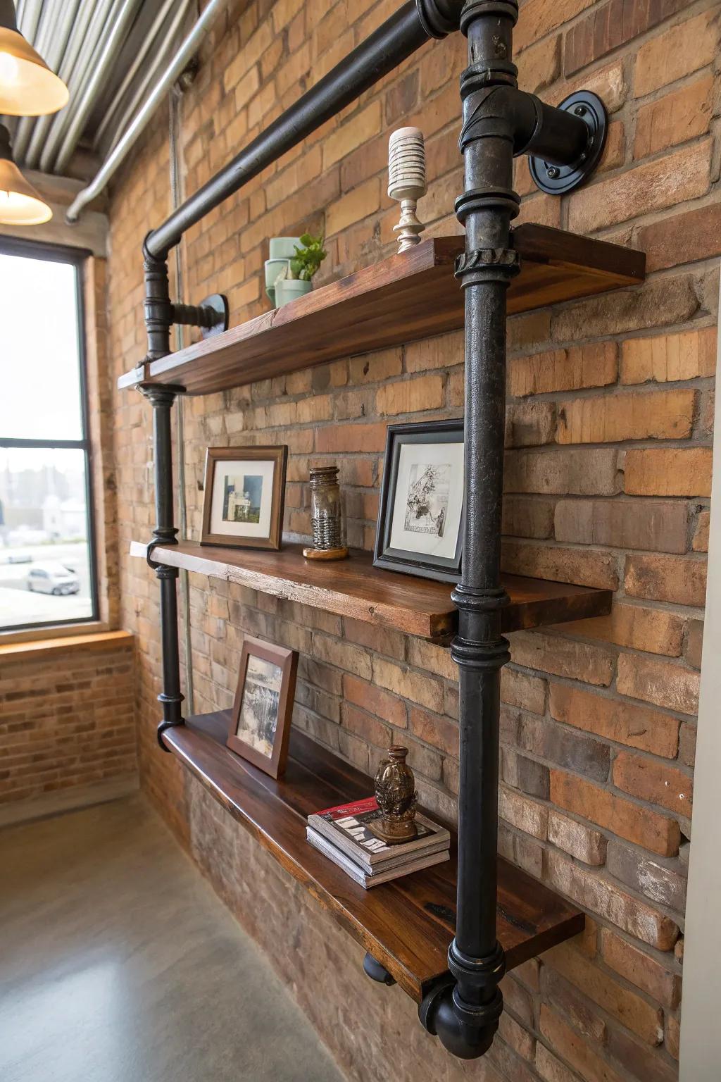 Amplify your art assortment with the industrial elegance of pipe shelving.