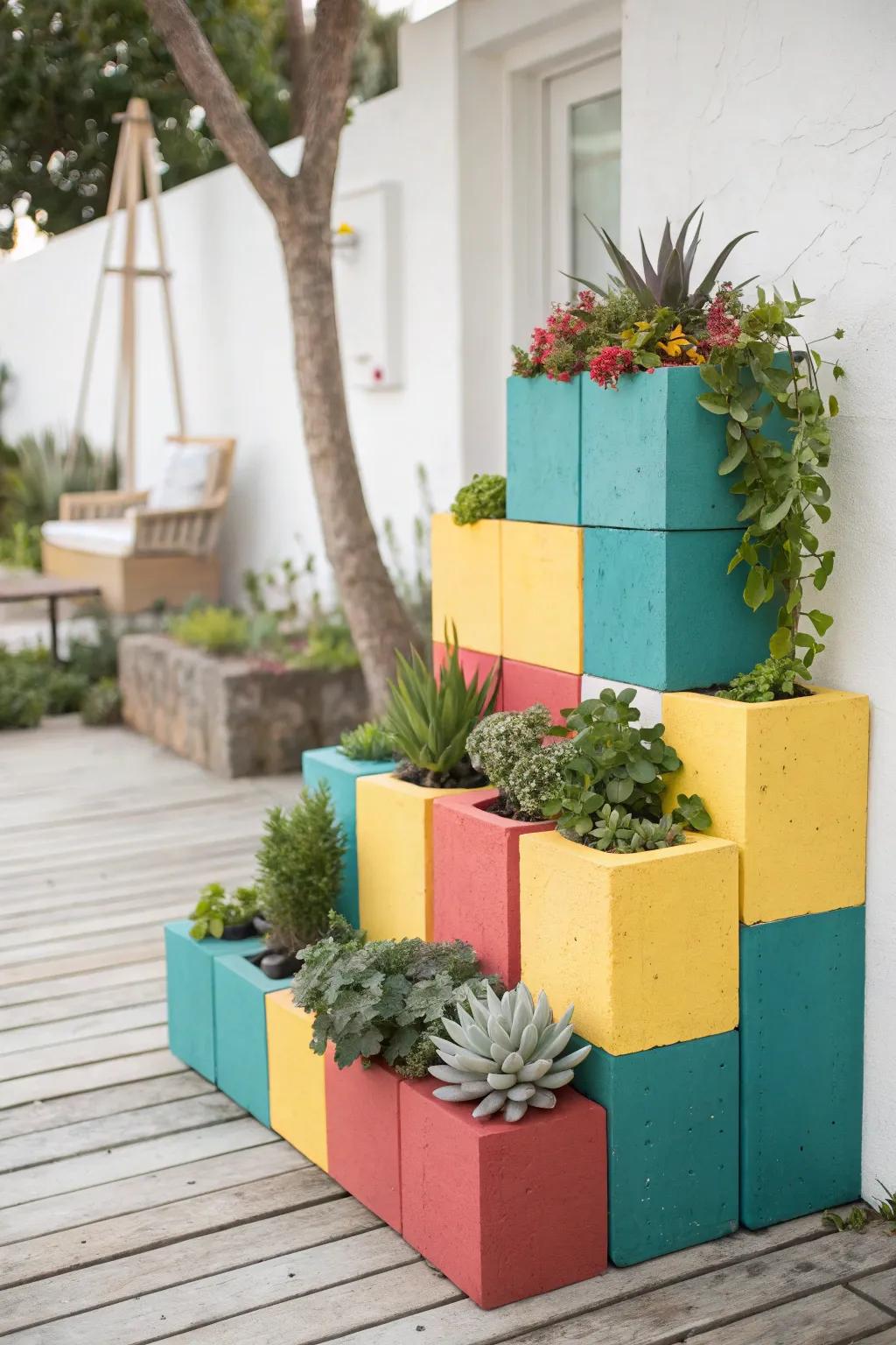 Transform your patio with vibrant cinder block planters that add a splash of color and creativity!