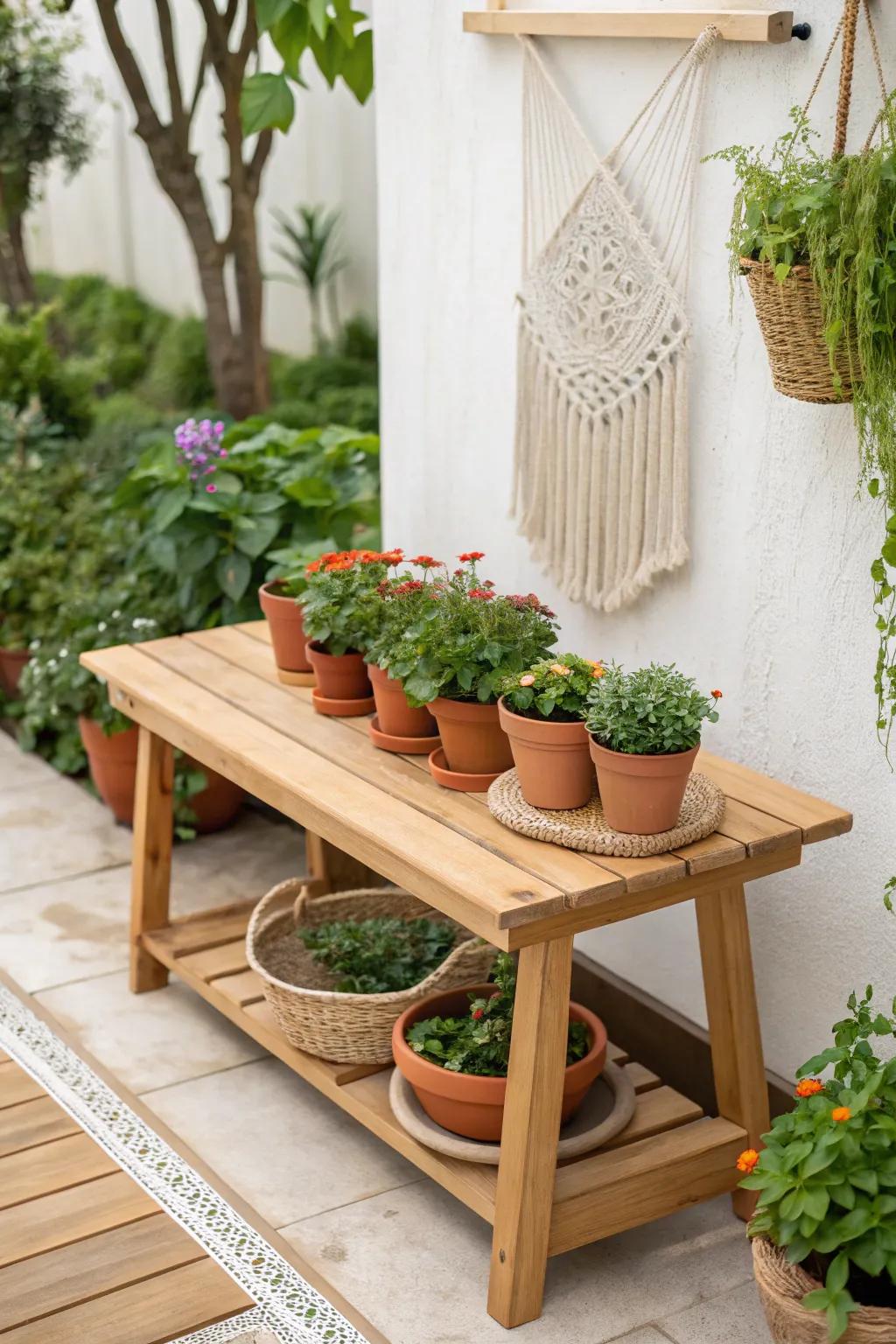 Find serenity in simplicity: Transform your planting table into a cozy garden retreat.