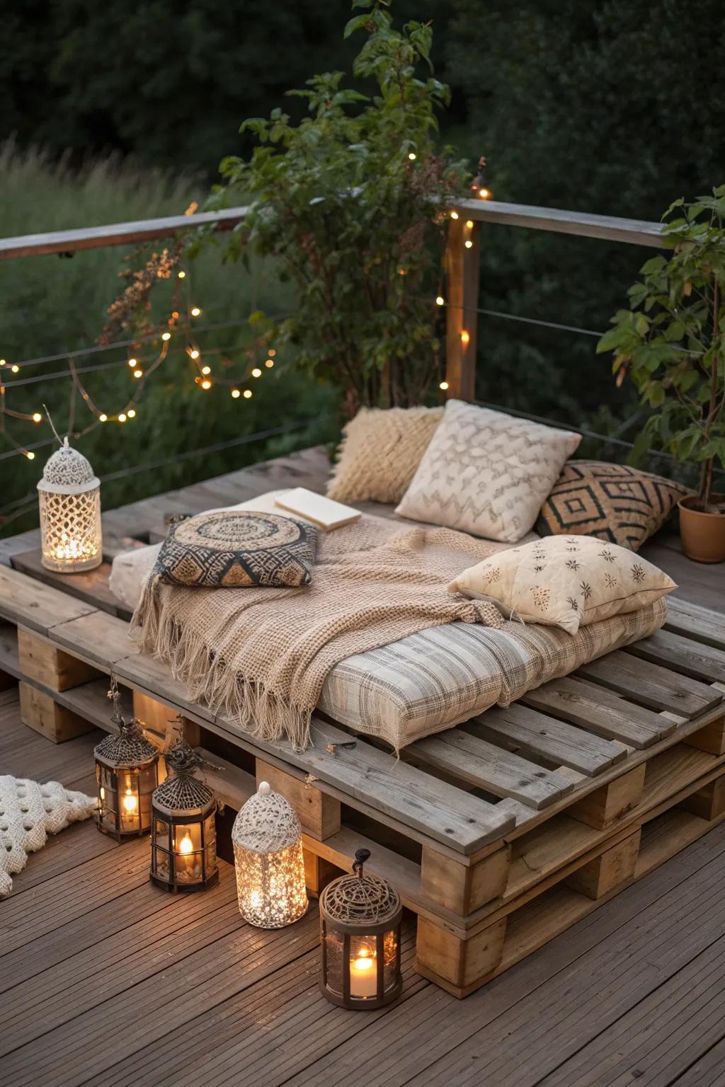 Transform your outdoor space with a boho chic skid patio – where craftsmanship meets comfort.