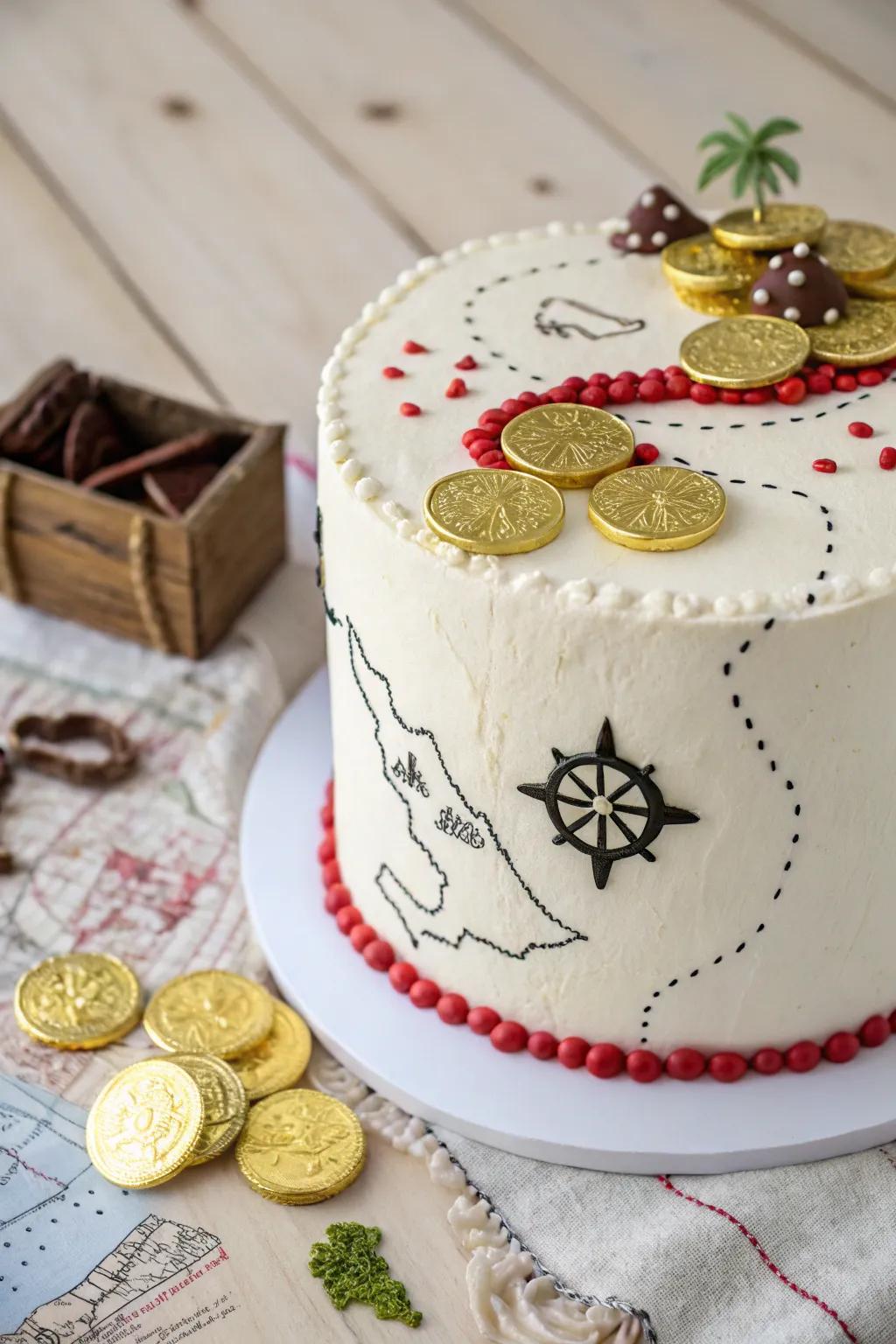 Embark on a sweet adventure with this stunning buccaneer booty map cake. Perfect for little explorers!
