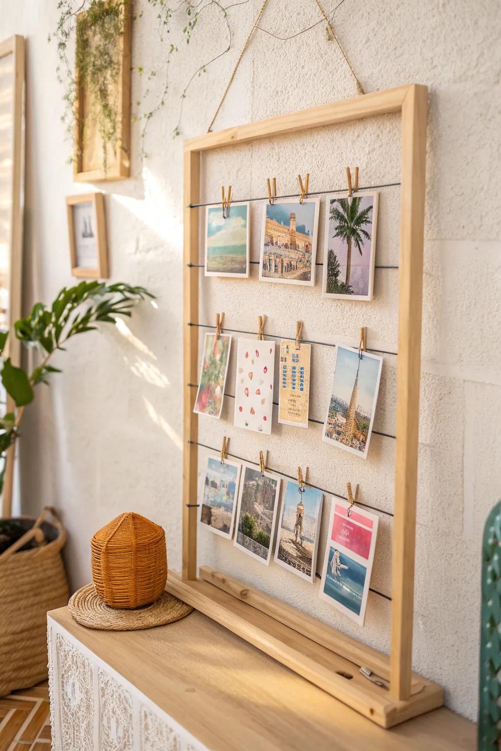 Transform your travel memories into art through a fashionable postcard display.