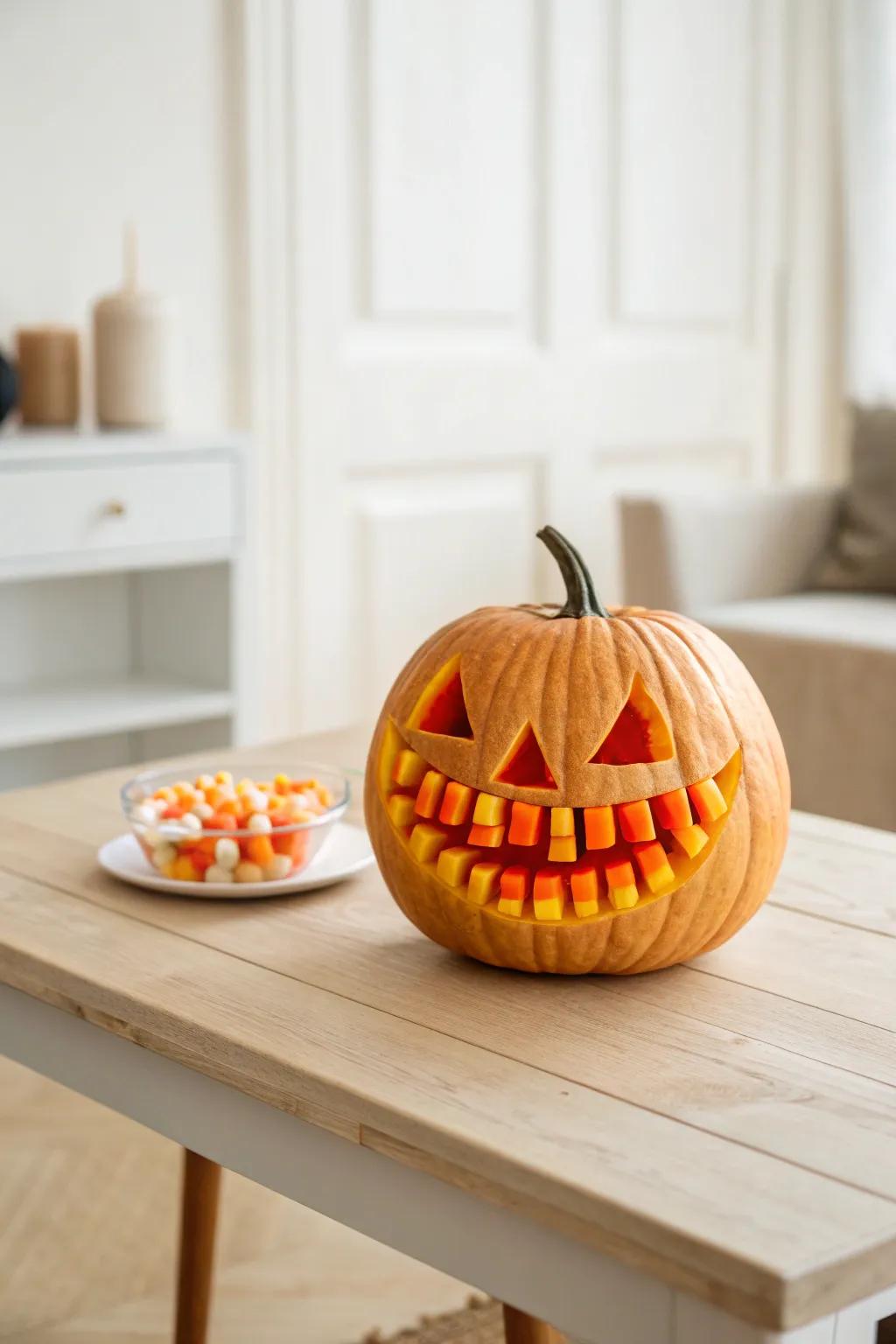 Sweeten your seasonal décor through a hint of whimsy—confection kernel dentures suitable for a playful gourd expression!