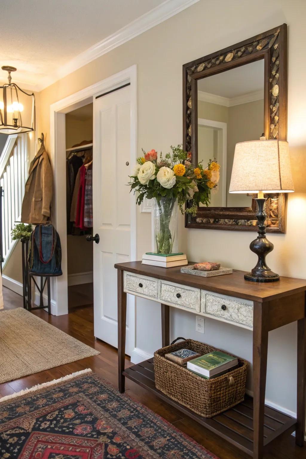 A dual-function desk extends utility and aesthetic within the entryway.