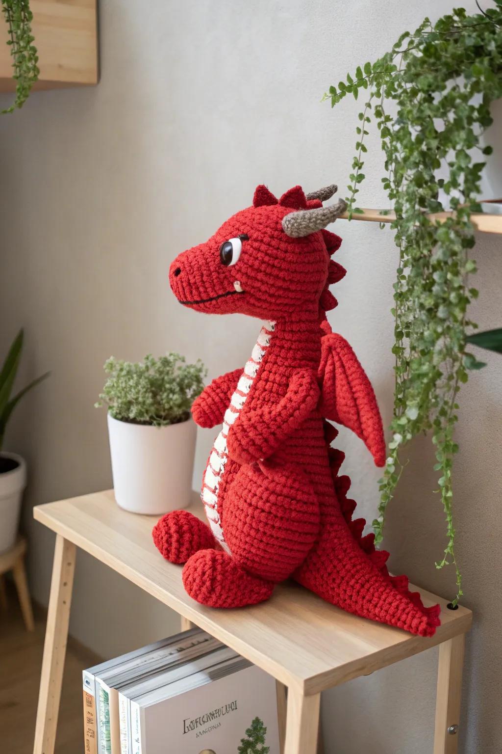 Impart a dash of fiery allure to your space with this hand-fashioned scarlet crochet wyvern plushie!