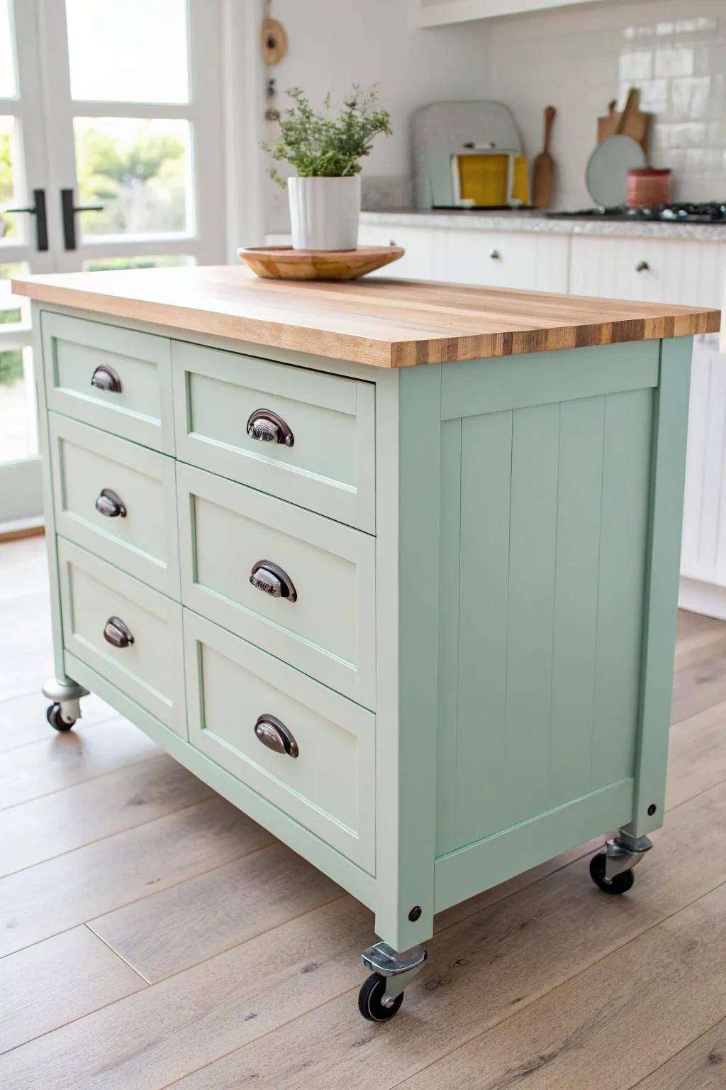 From Bedroom to Kitchen: Elevate your space with this chic, repurposed dresser turned kitchen island, blending minimalism with a touch of boho flair.