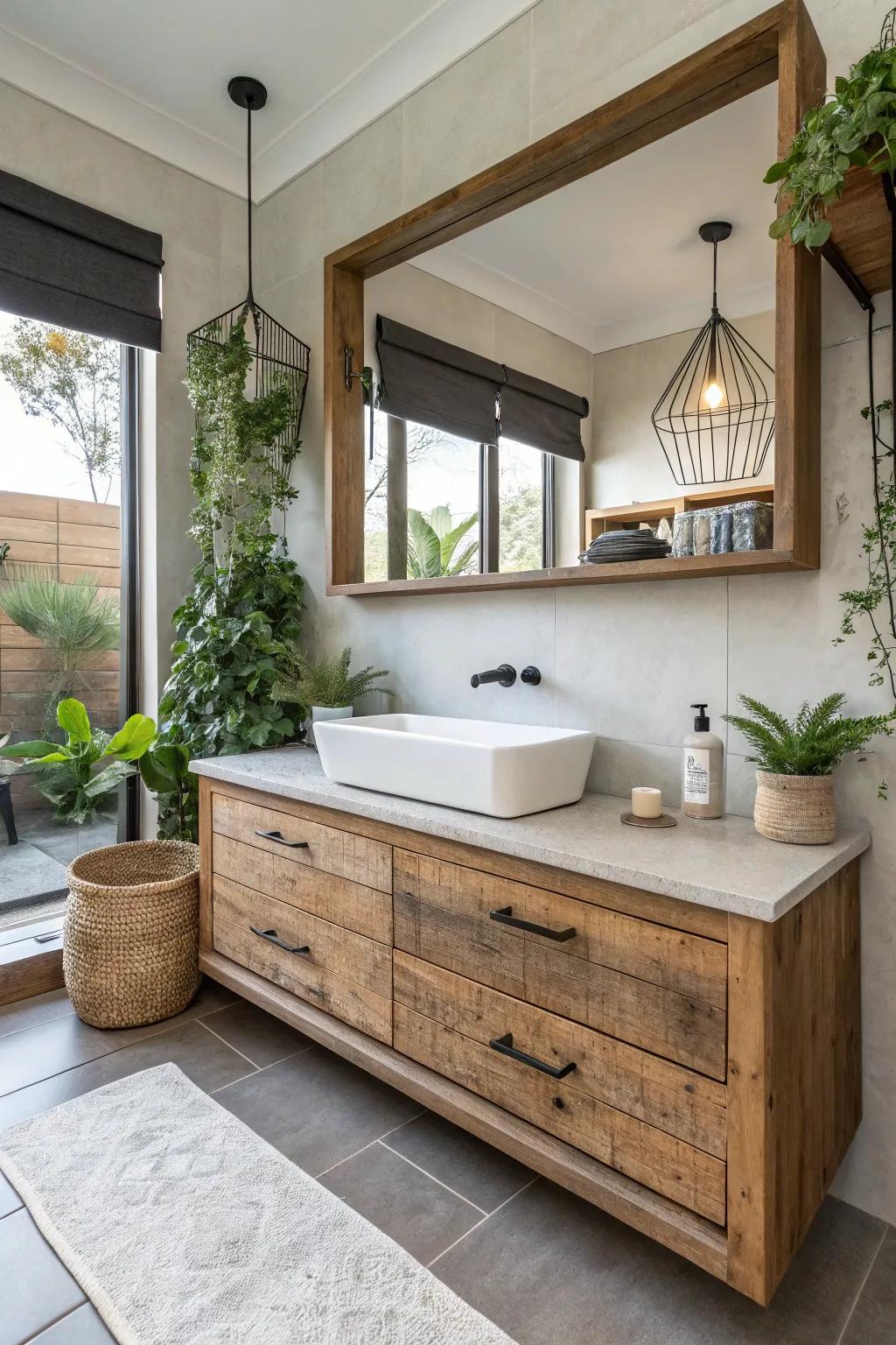 A modern country bathroom featuring a floating timber vanity.