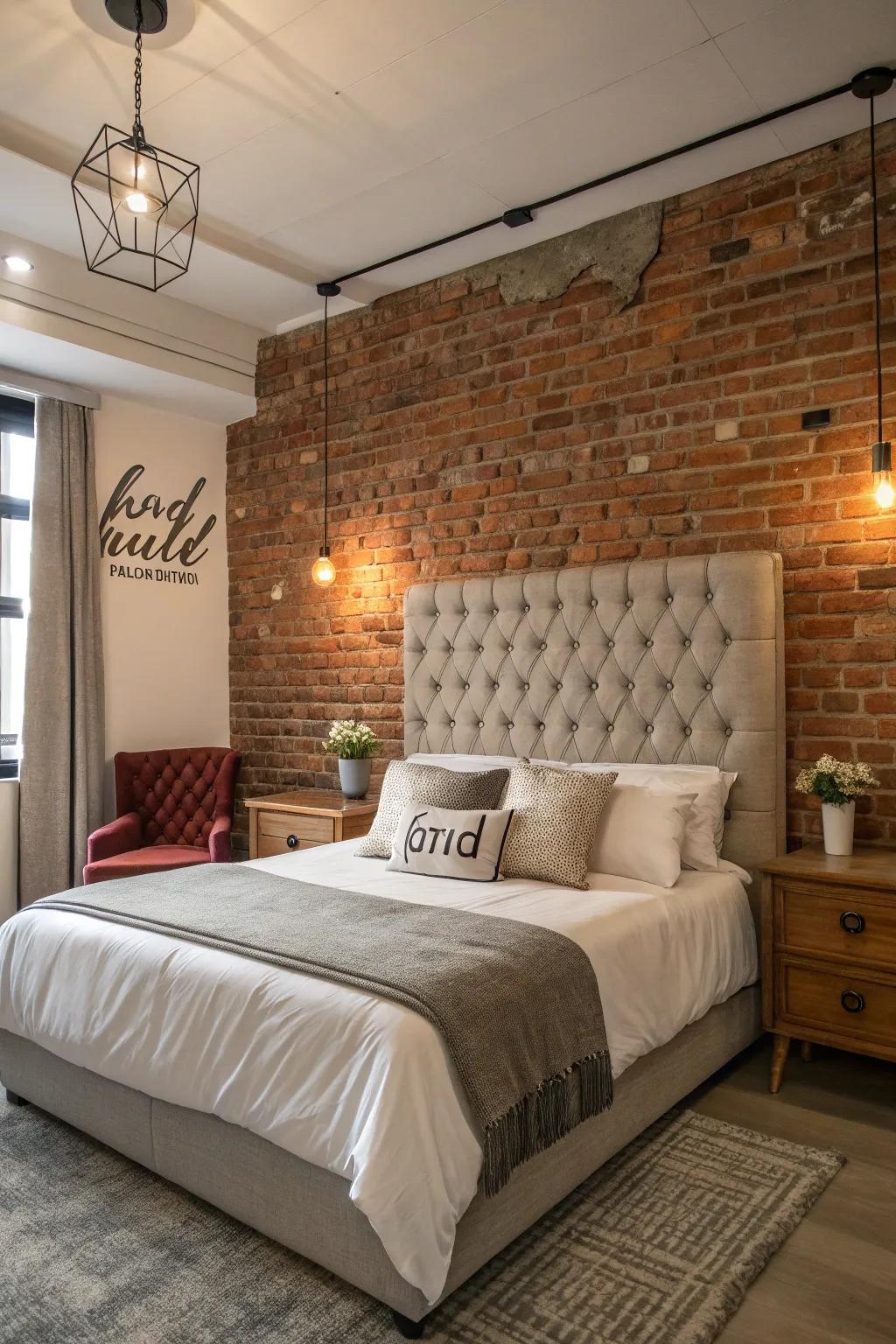 A commanding headboard balancing the rustic attraction of the brick.