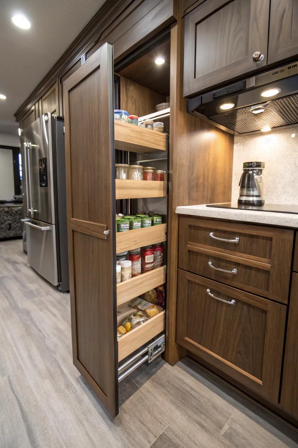 Transform your RV kitchen with this expertly crafted pull-out pantry for impeccable organization and style.
