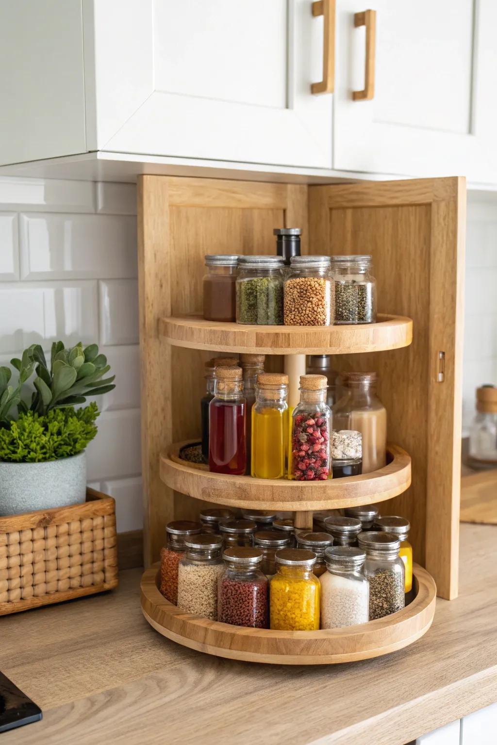 Effortless Elegance: Transform your kitchen with a stylish revolving organizer for simple access and striking organization.