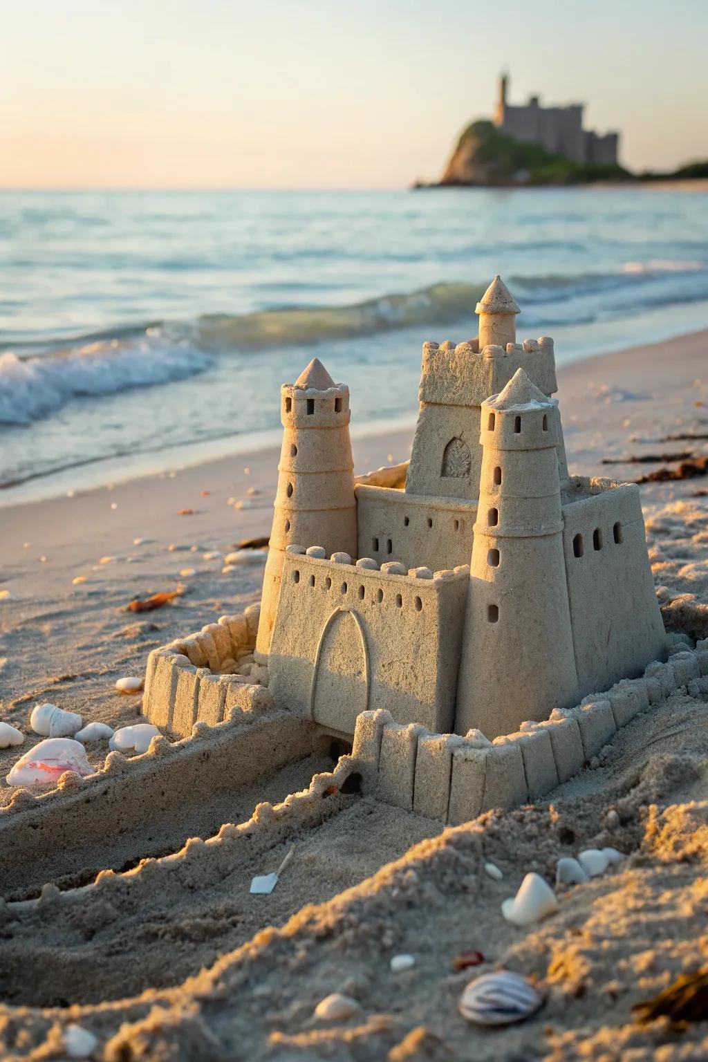 Crafting Dreams in Sand: A Minimalist Sandcastle with a Majestic Waterway