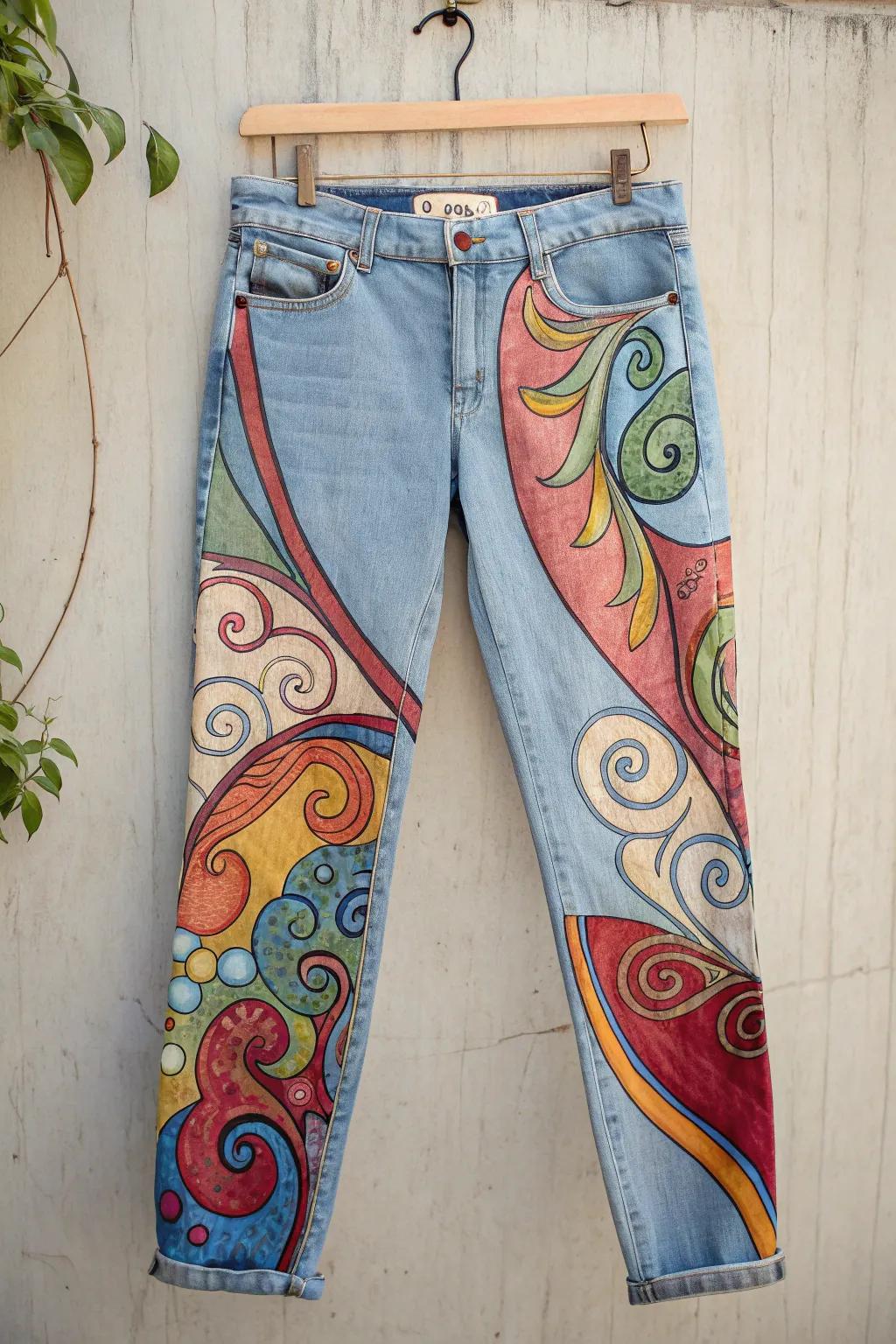 Express your inner artist with these stunning abstract expression jeans, where vibrant colors meet minimalist elegance.