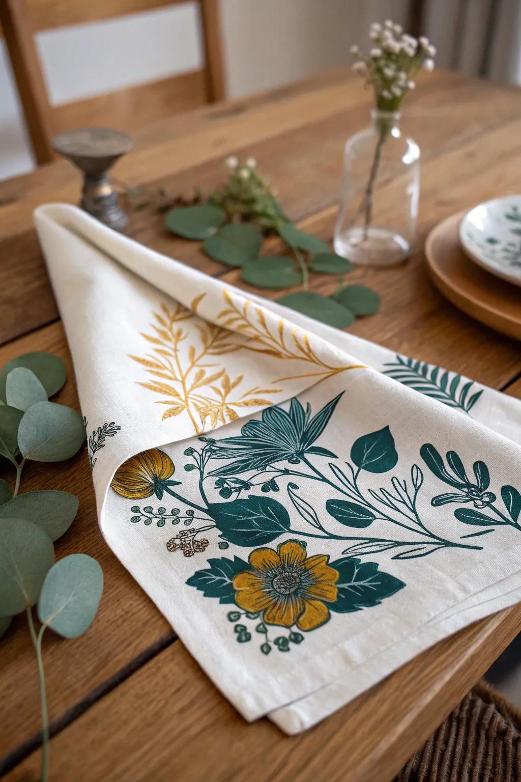 Elevate your dining ambiance with environmentally conscious refinement: hand-fashioned woven napkins showcasing lively floral motifs.