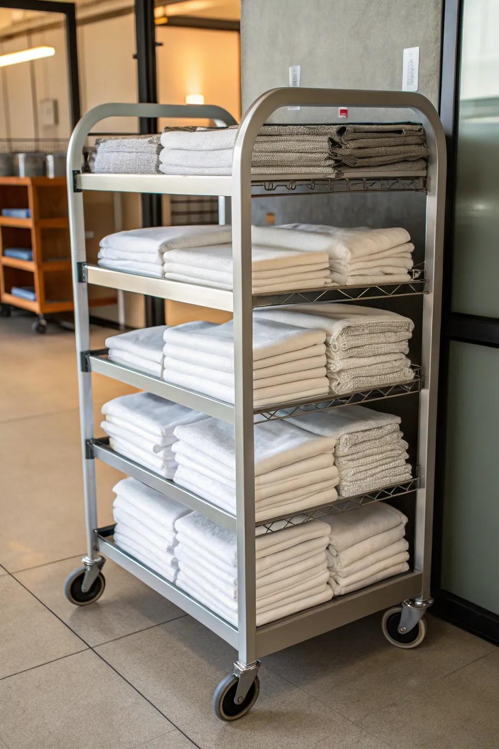 Mobile carts provide a versatile and accessible linen storage solution.