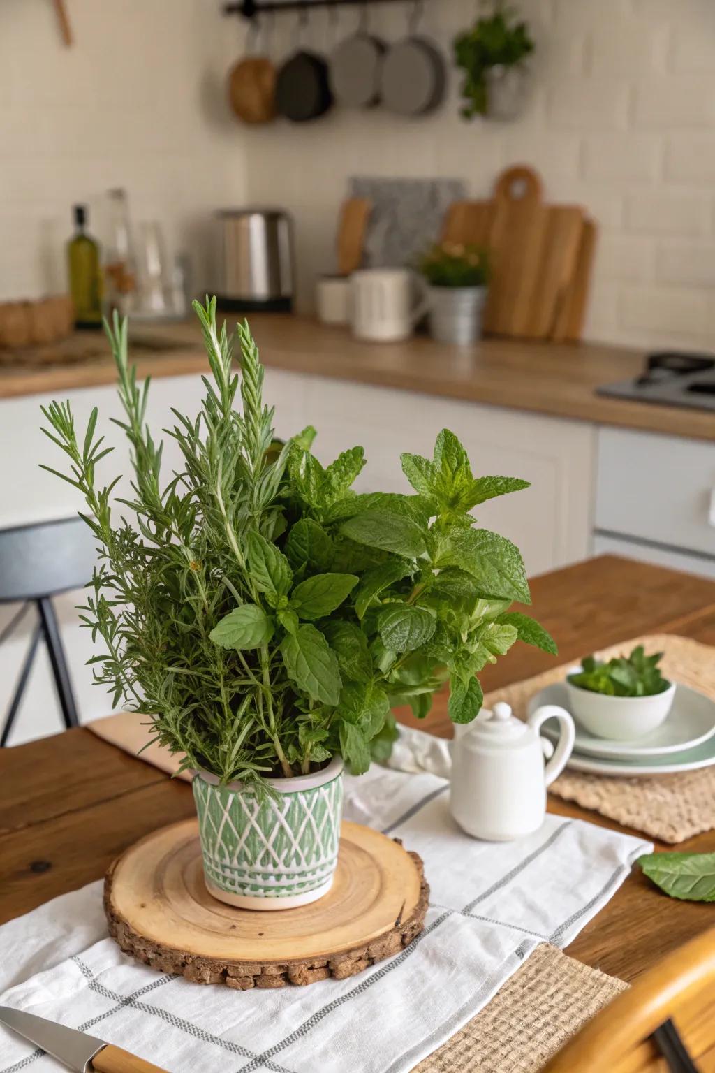 Herbs within floral arrangements introduce fragrance and charm.
