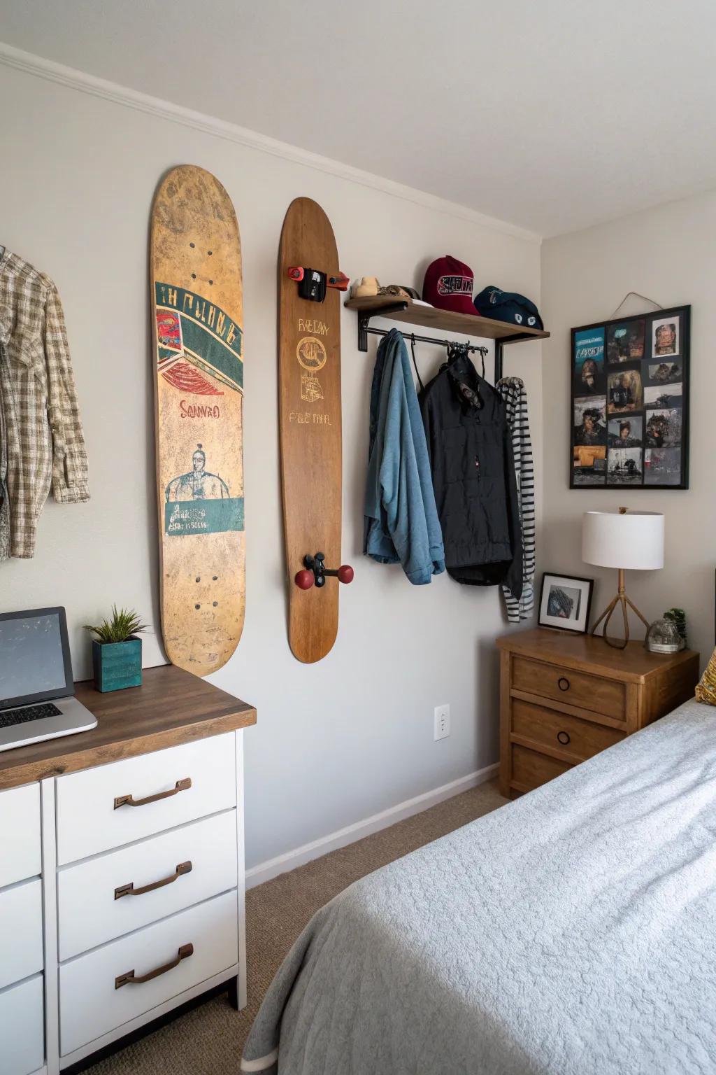 Skateboard surfaces ingeniously repurposed into wall pegs.