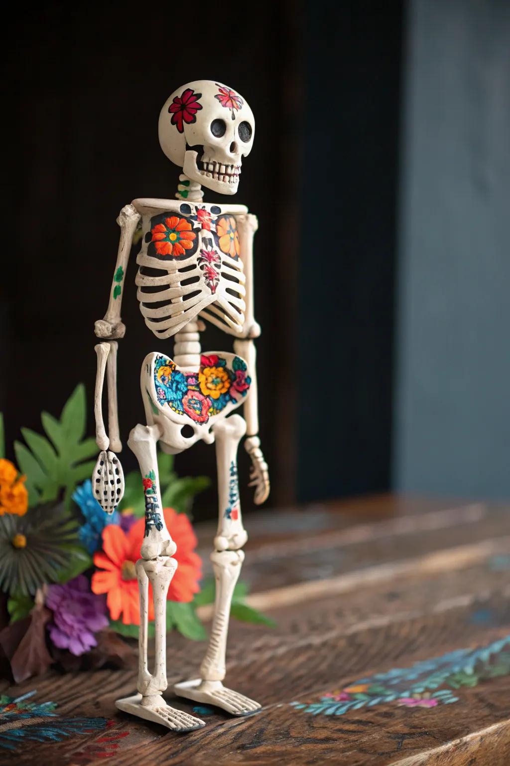 Honor Dia de los Muertos with this vividly adorned skeleton, a testimony to skillfulness and heritage.