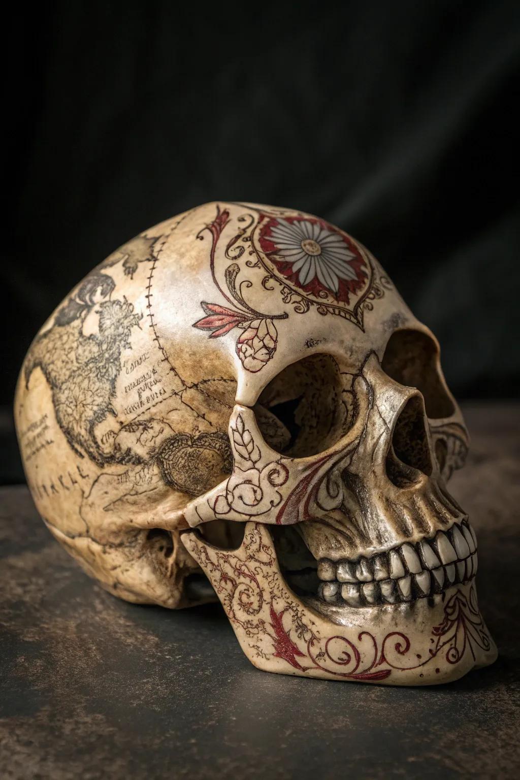 Experience the fascination of classic artistry through this exquisitely decorated skull, an achievement in both nostalgia and artistry.