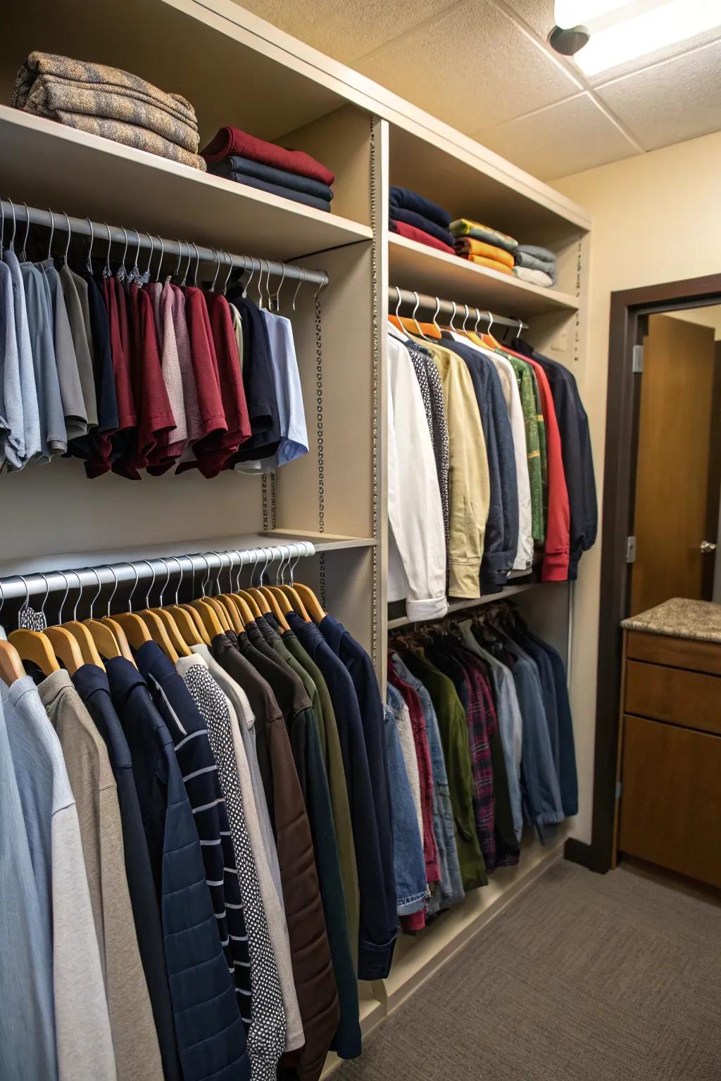 Velvet hangers save area and keep garments in place.