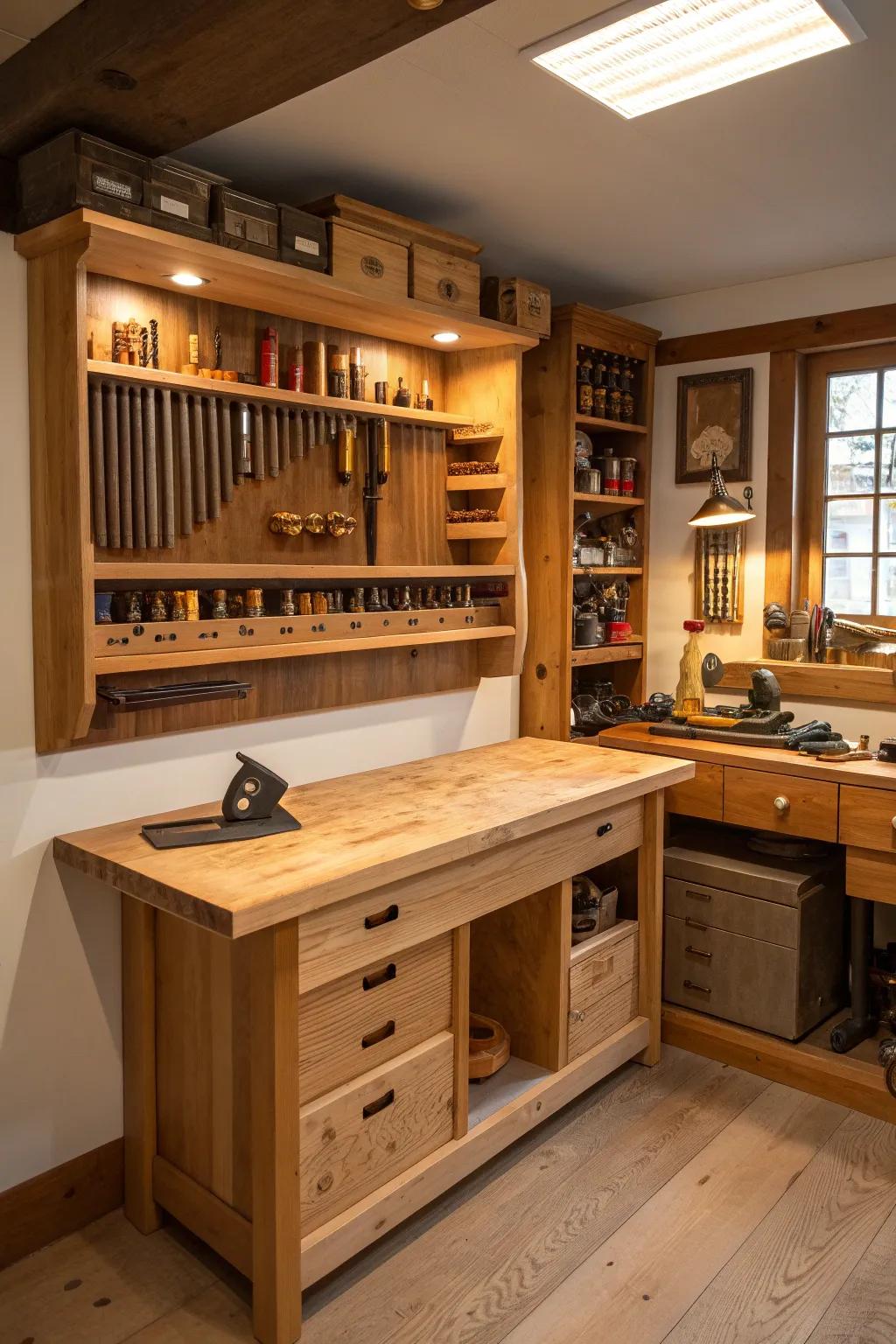 Maximize every inch: Artistry meets organization in this inspiring small wood shop setup.