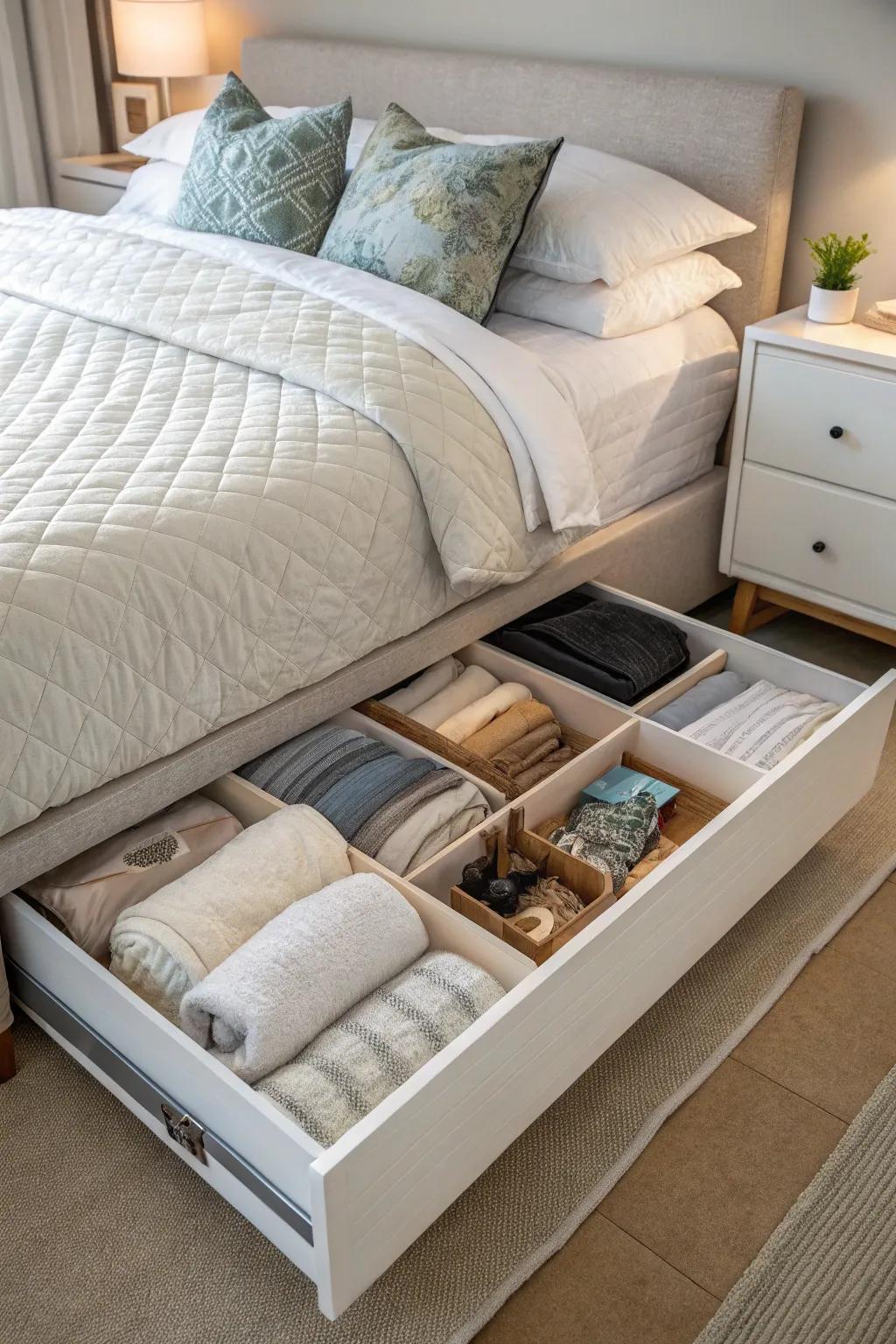 Utilize underbed storage to create a clutter-free spare room.