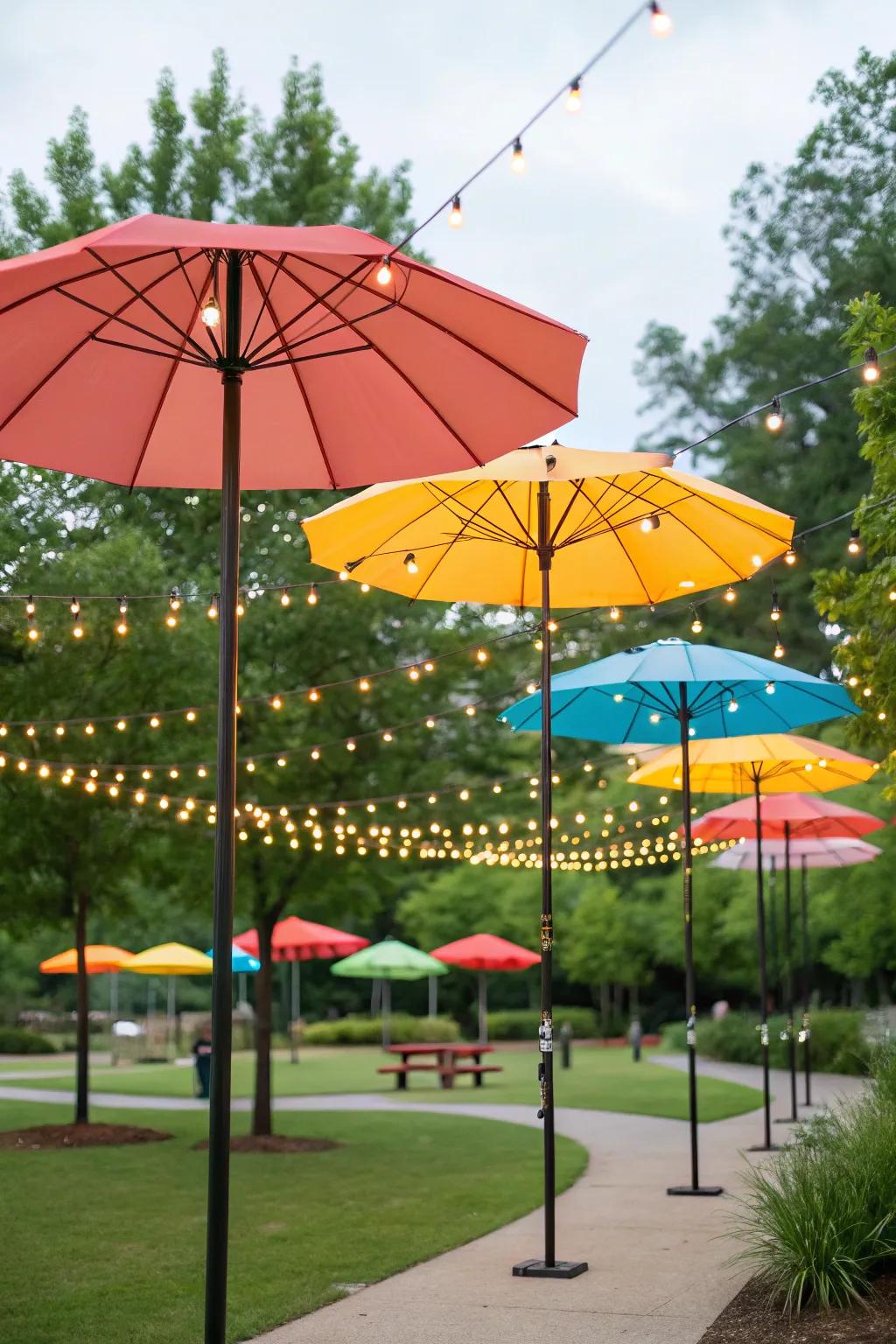 Sunshade stands provide a versatile base for your string light supports.