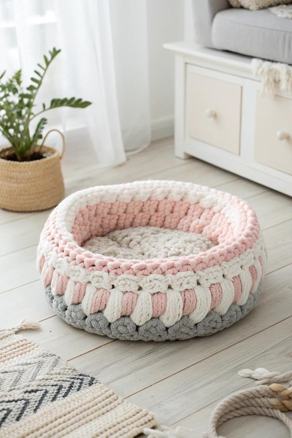 Create a comforting sanctuary for your pet with a hand-crocheted soft yarn bed, blending minimalist charm with bohemian warmth.