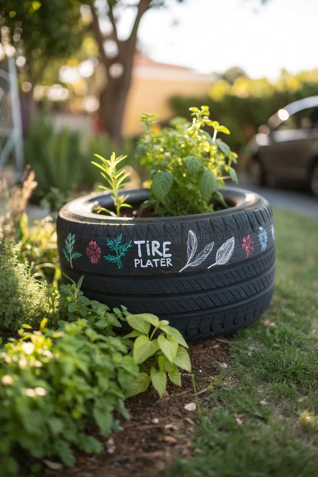Transform your garden with personalized message board tire planters.
