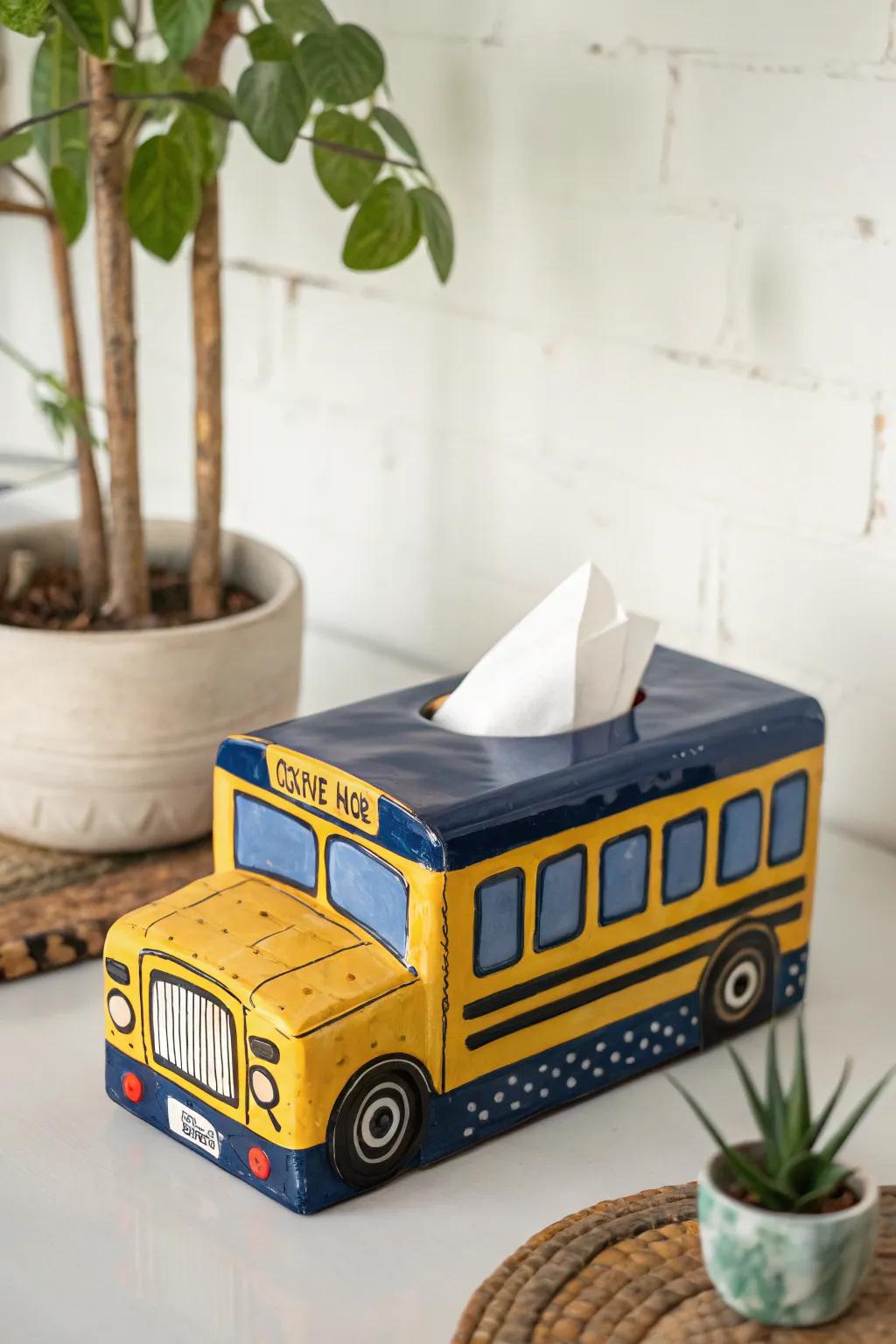 Transform your area using a hint of ingenuity - this enchanting school transport tissue box imparts delight and elegance to any space.