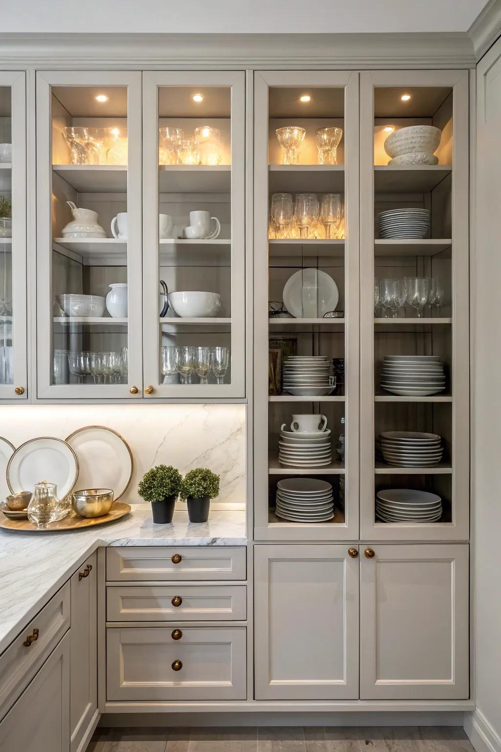 Glass entrances introduce an airy elegance to this kitchen.