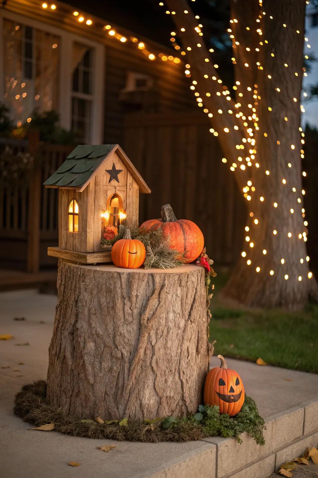 Transform your tree stump into a seasonal masterpiece with intricate pumpkins and enchanting spark.