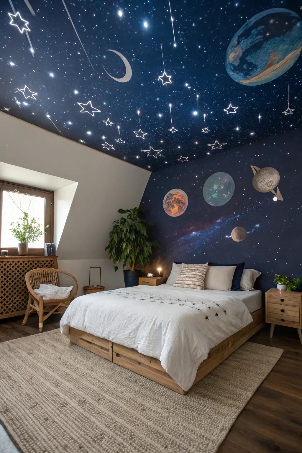 Repose beneath the celestial bodies through this cosmic ceiling artistry—your personalized celestial sanctuary!
