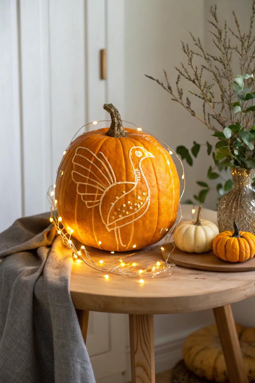 Illuminate your autumnal evenings with a glowing turkey pumpkin centerpiece.